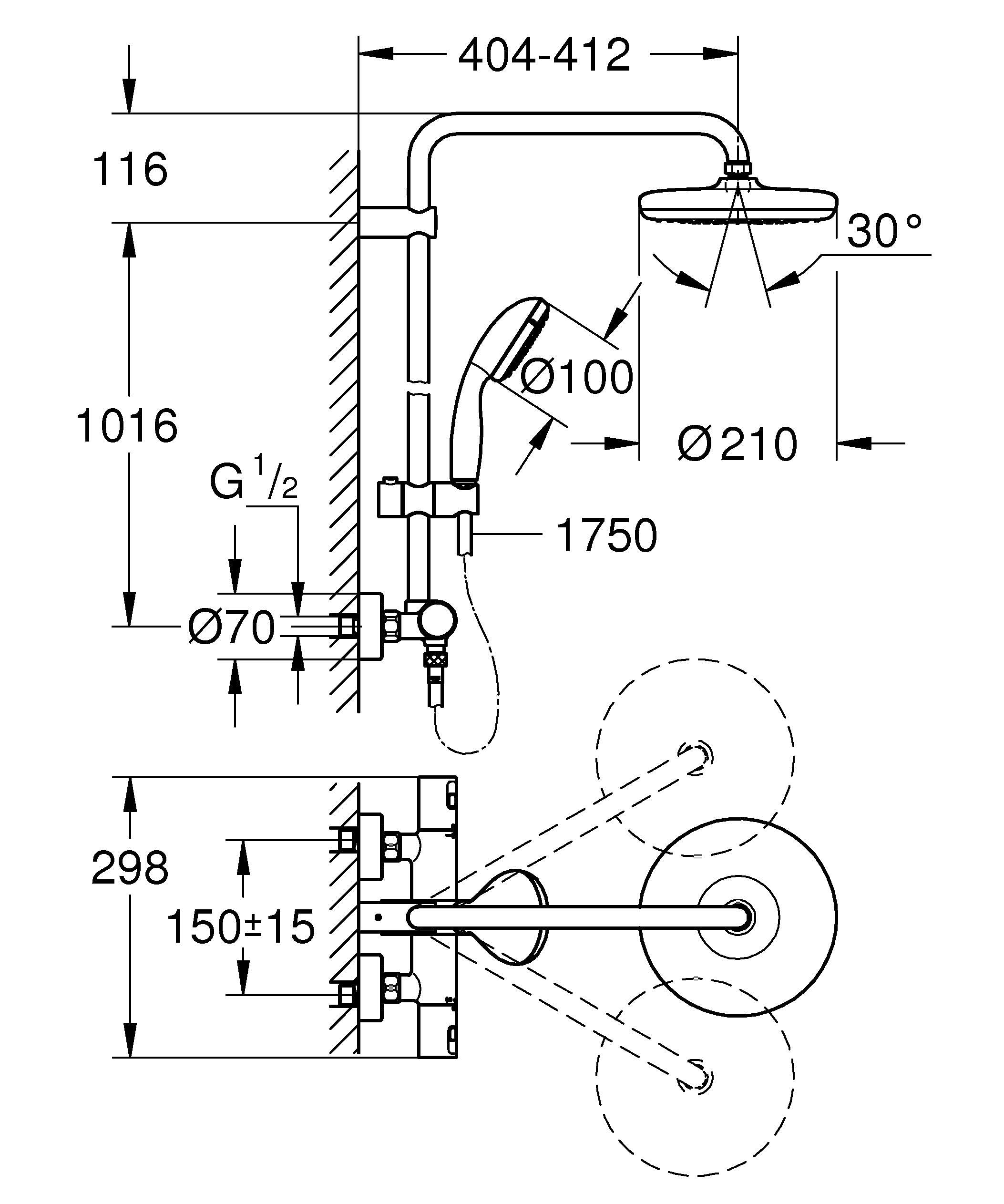 GROHE Vitalio 210, Duschsystem wassersparend 9,5l pro Min (Regendusche mit Thermostat, schwenkbarer Kopfbrausearm, Sicherheitssperre bei 38°C, Duscharmatur mit Antikalk-System), rund, chrom, 27960001