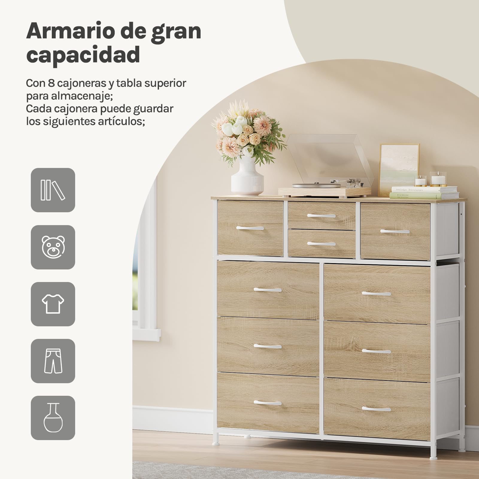 WOLTU Cajonera de Tela, Cómoda Dormitorio de Tela, Unidad de Almacenaje con 10 Cajones, para Recibidor y Salon, Estructura de Metal Resistente, Roble Claro+Blanco, SSK009whe