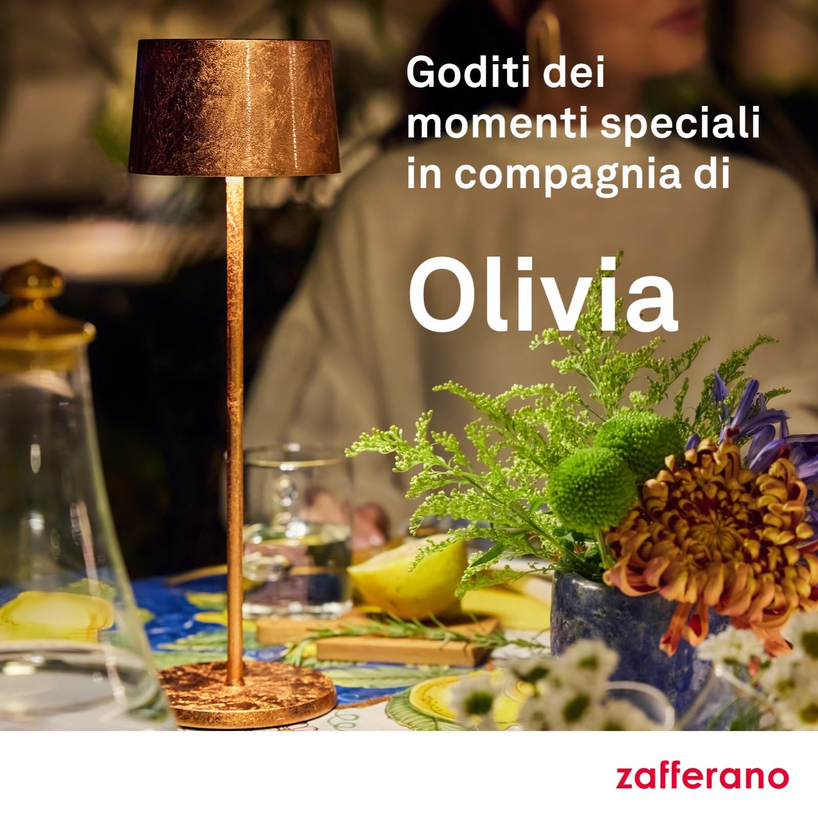 Zafferano Lampada Olivia Pro con Foglia Color Oro, Lampada da Tavolo Ricaricabile e Senza Fili con Controllo Touch, Utilizzabile come Lampada da Interni, Dimmer, 2700-3000 K, Altezza 35 cm