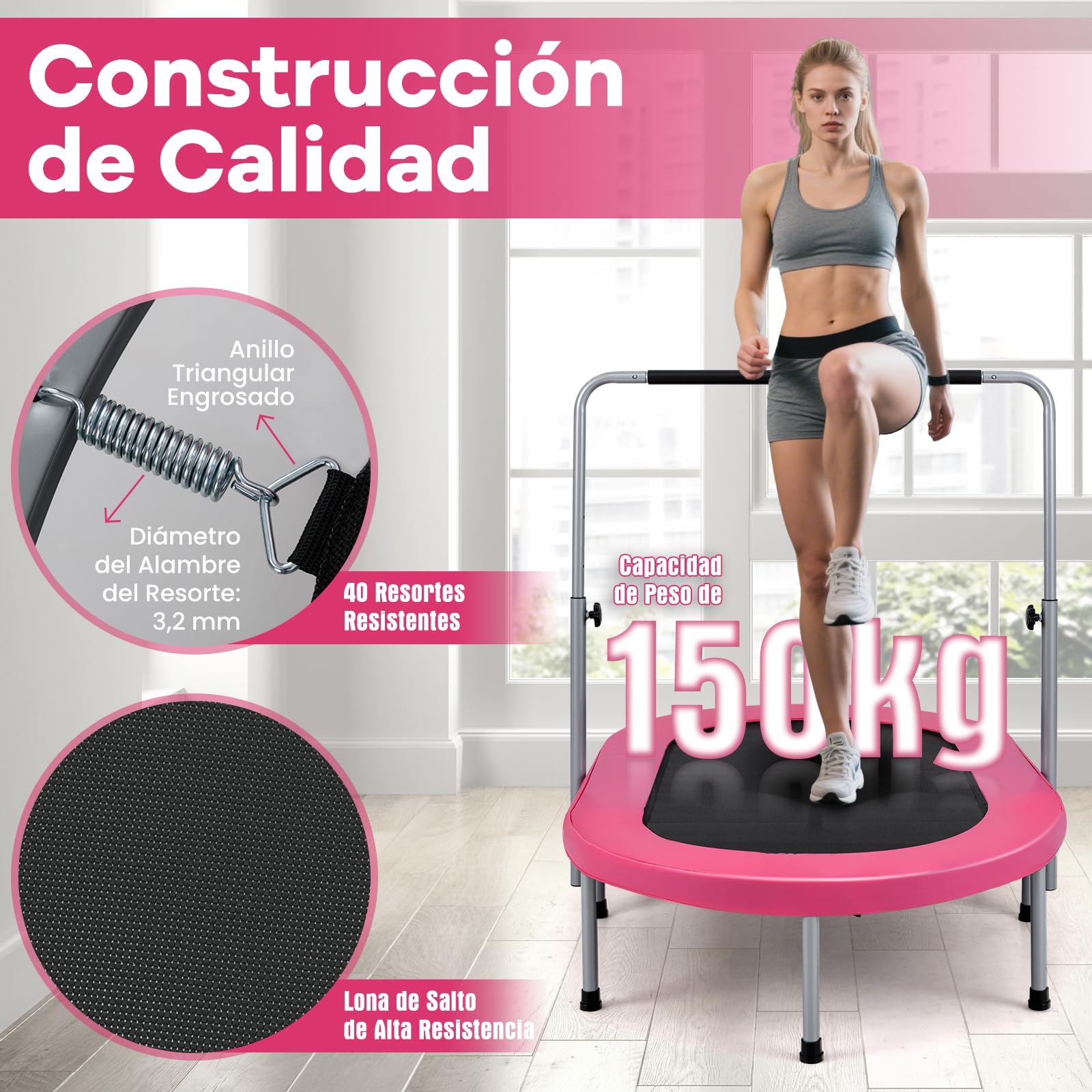 COSTWAY Cama Elastica para 2 Personas, Trampolin de Fitness Plegable con Mango Ajustable en 5 Niveles, Trampolín para Niños y Adultos con Capacidad de 150 kg, para Hogar y Gimnasio, 65 x 154 x 132 cm