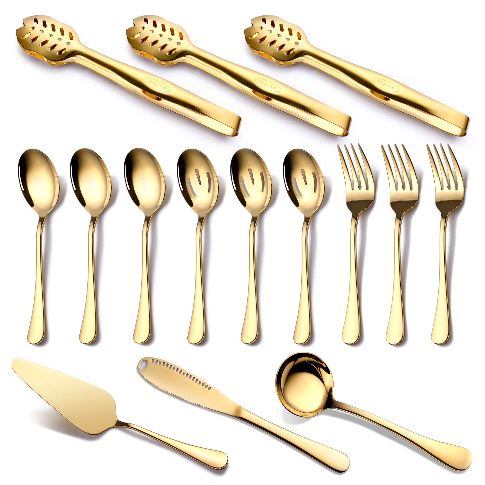 Gold Serving Utensils, OGORI 15-Piece Stainless Steel Gold Serving Utensils Set Include Serving Spoons, Slotted Serving Spoons, Serving Tongs, Serving