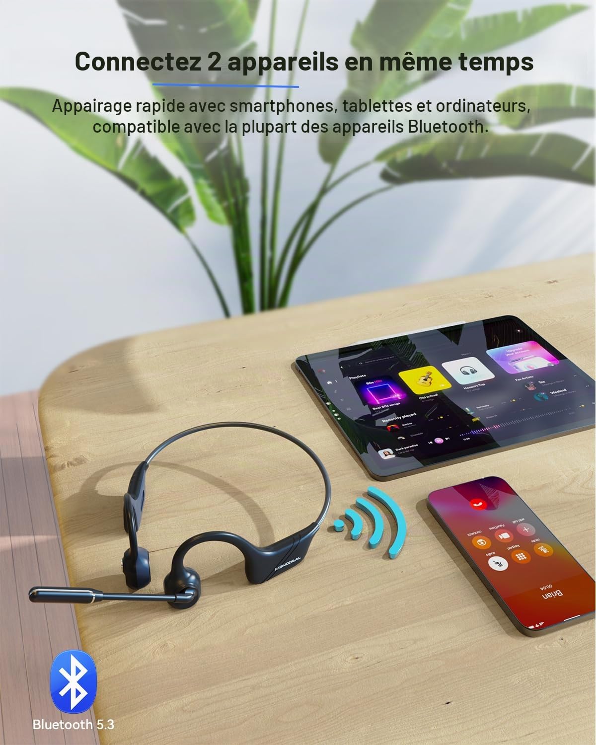 Casque Conduction osseuse Bluetooth 5.3 avec Micro, Appairage multipoint