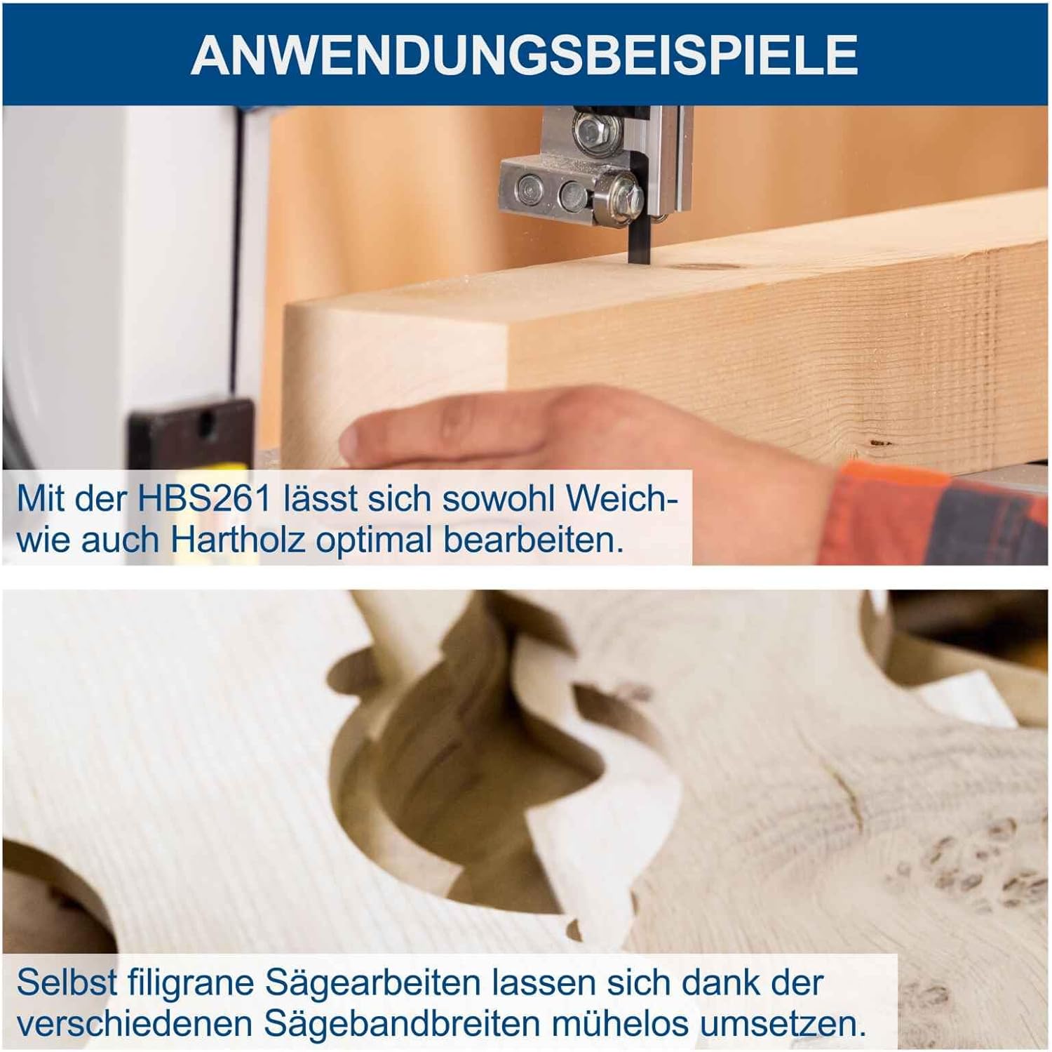 Two images showing the band saw cutting different types of wood, including intricate shapes