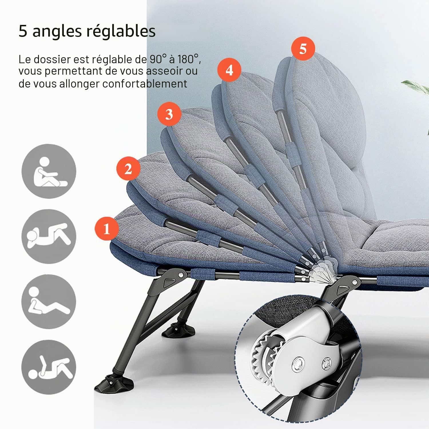Chaise Longue de Camping à 6 Pieds avec Matelas, Lit de Camp Pliable pour Adultes, Portable pour l'Extérieur, Voyage, Maison, Jardin et Bureau