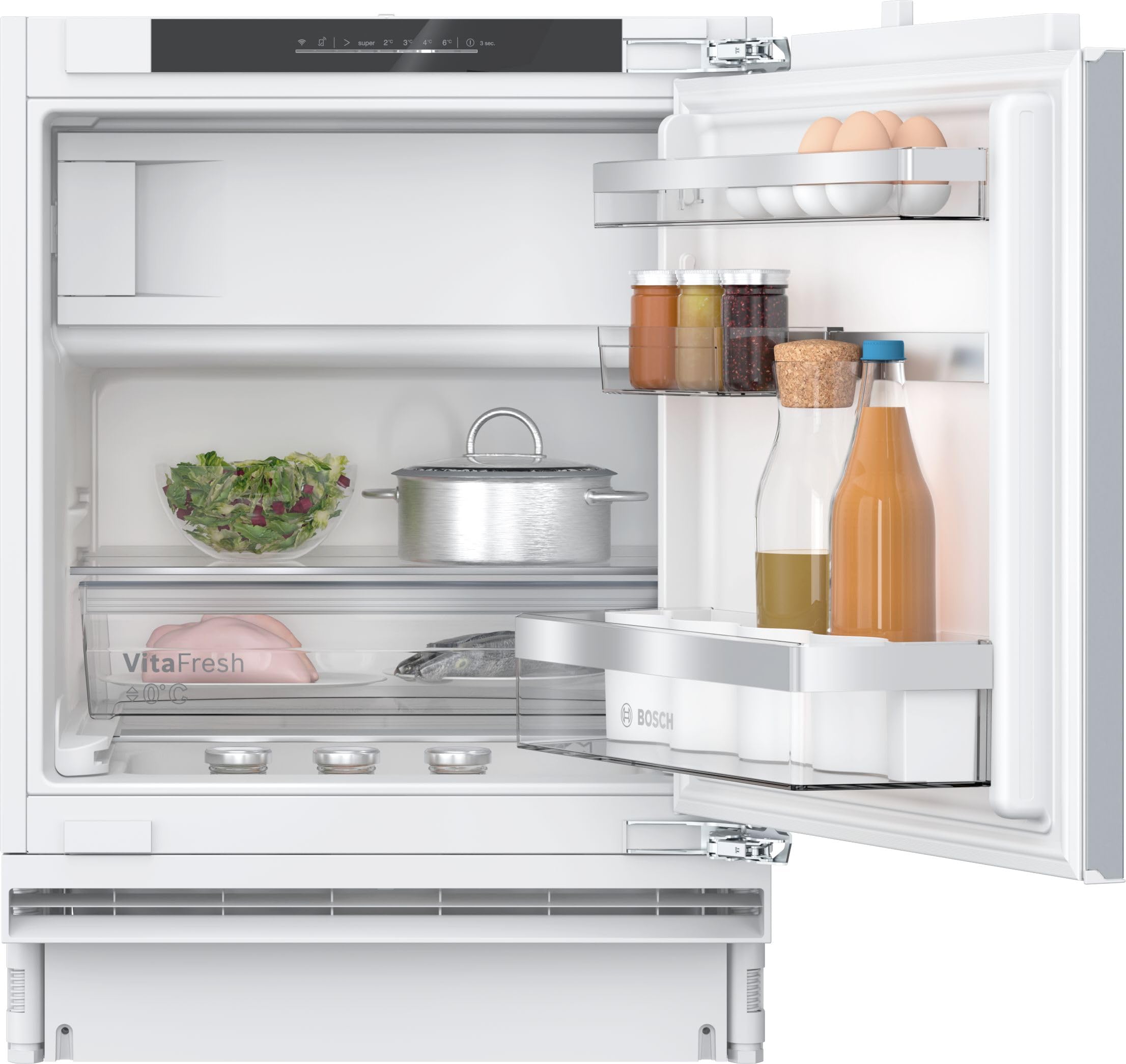 Bosch KUL22ADD0, Serie 6, Smarter Unterbau-Kühlschrank mit Gefrierfach, 82 x 60 cm Nische, 93 L Kühlen & 17 L Gefrieren, Made in Germany, längere Frische mit VitaFresh 0º, sehr leise, HomeConnect