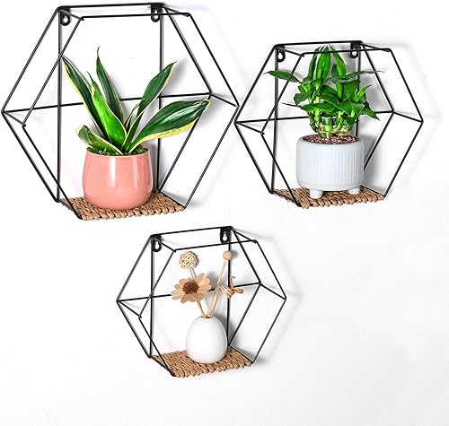 MANLUYEE Juego de 3 estantes flotantes de metal de pared, soportes hexagonales de hierro negro para dormitorio, sala de estar, baño, cocina, estante