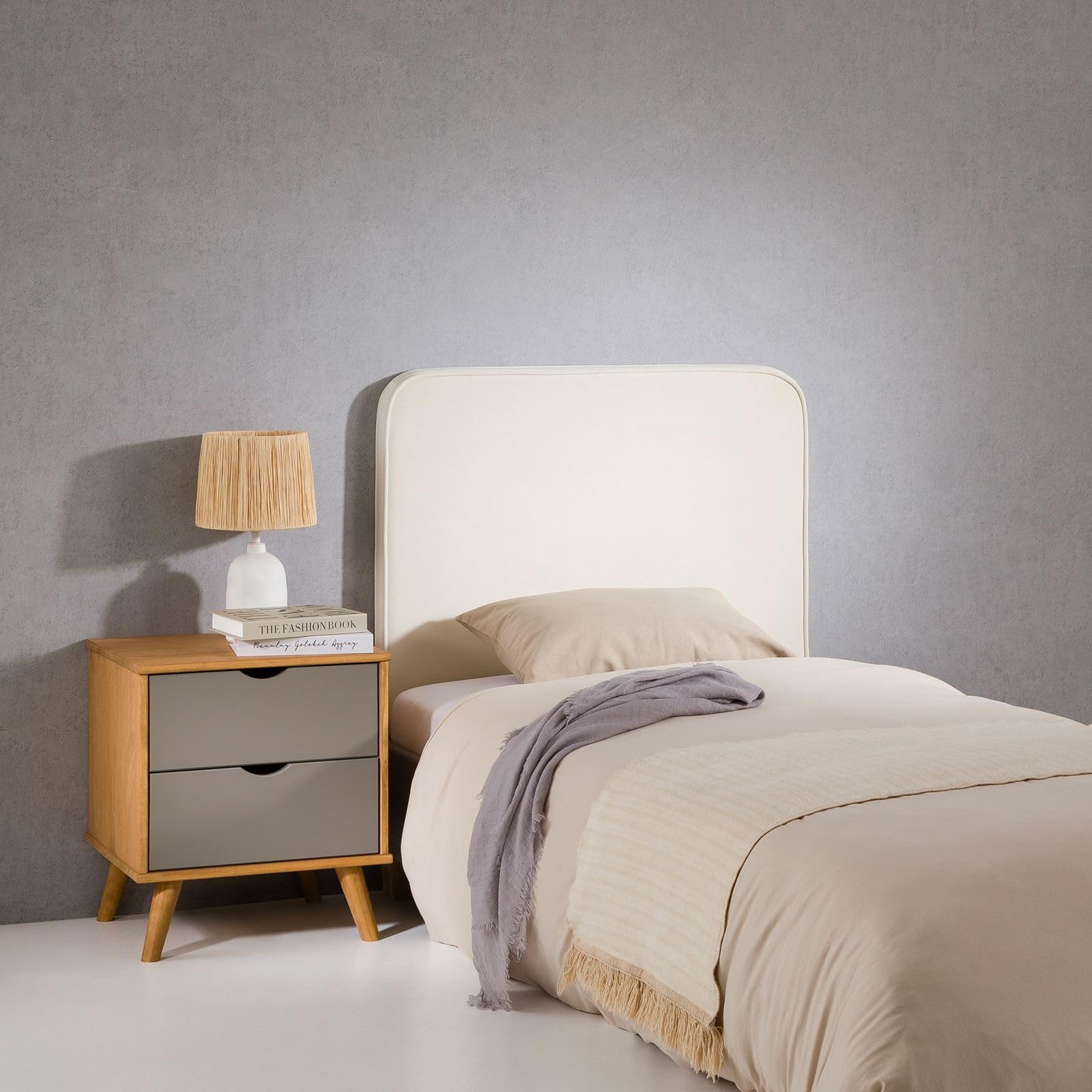 IDIMEX Tête de lit Lunar 90, en Tissu rembourré, Fixation Murale Design Arrondi Moderne, pour lit 90 cm ou Moins, Blanc crème
