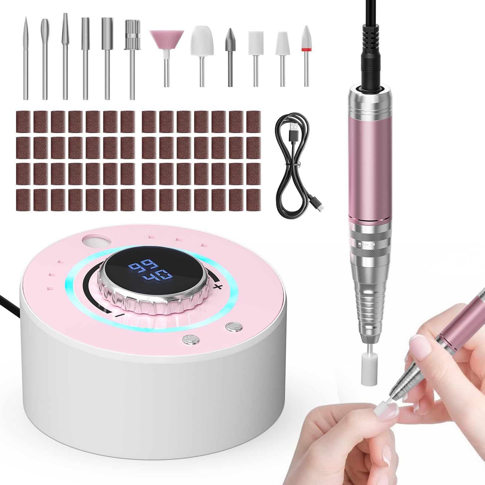Fresa per Unghie Professionale 36000 RPM, Fresa Per Unghie Con 12 Testine Di Levigatura, Display LCD Ricaricabile Batteria Design, per Manicure e Pedicure Rimozione Smalto Calli e Duroni (Rosa)