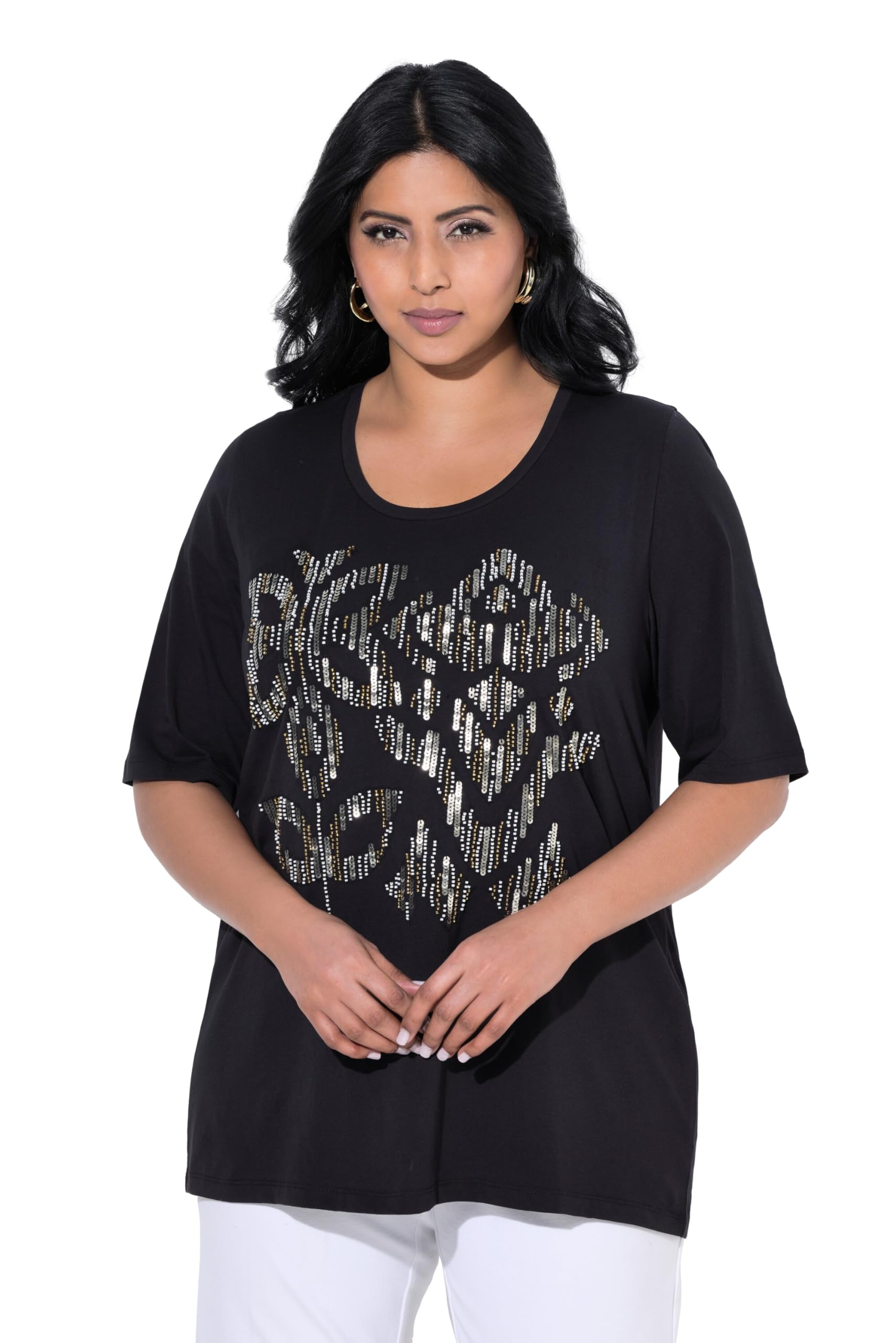 Ulla Popken Damen große Größen Übergrößen Plus Size T-Shirt, Pailletten, Classic, Rundhals, Halbarm 840214