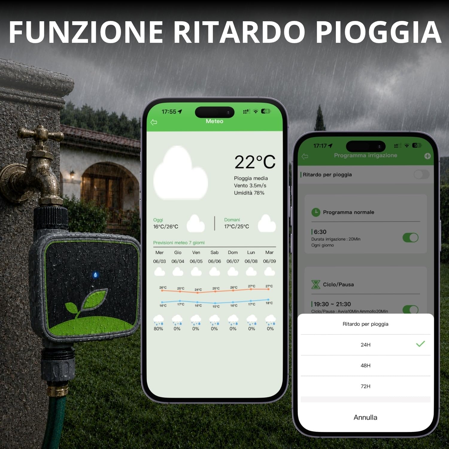 domyno Temporizador de riego WiFi inteligente de jardín con Hub RF incluido, programador de agua App Tuya Smart Life, retraso de lluvia, modo manual, temporizador para césped, huerto, macetas