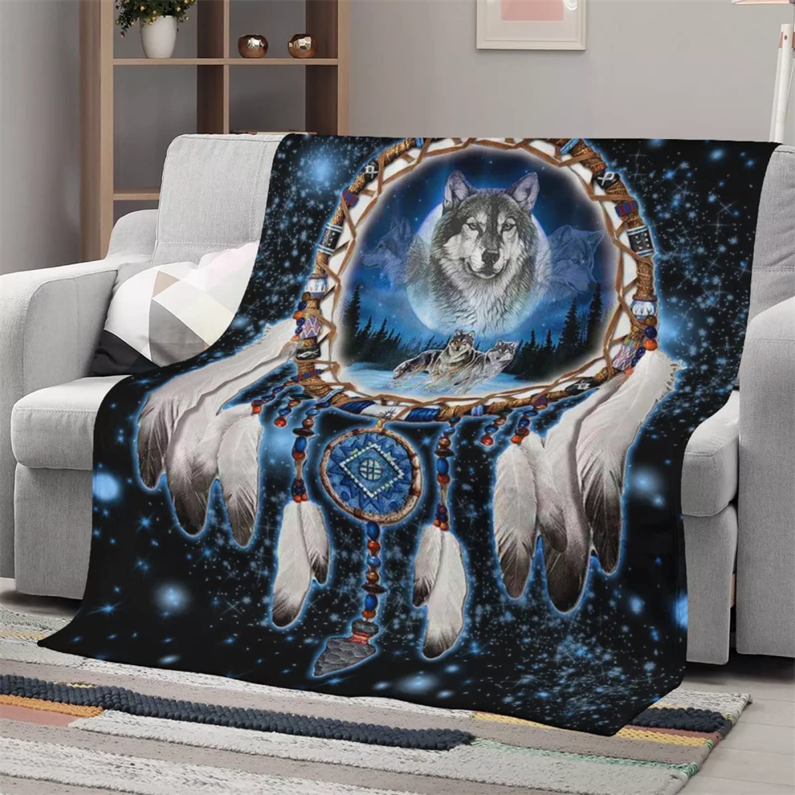 Plaid Polaire 240x260 Adulte Loup Attrape RêVe Bleu, Douce Flanelle Couverture lit 2 Personnes en Microfibre, Plaid Canape Grande Taille Jeté de Canapé, Réversible Peluche Couverture