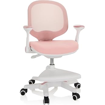 hjh OFFICE Kid Ergo 736412 Children's Desk Chair Fabric / Mesh Children's Chair with Footrest Folding Armrests Pink/White