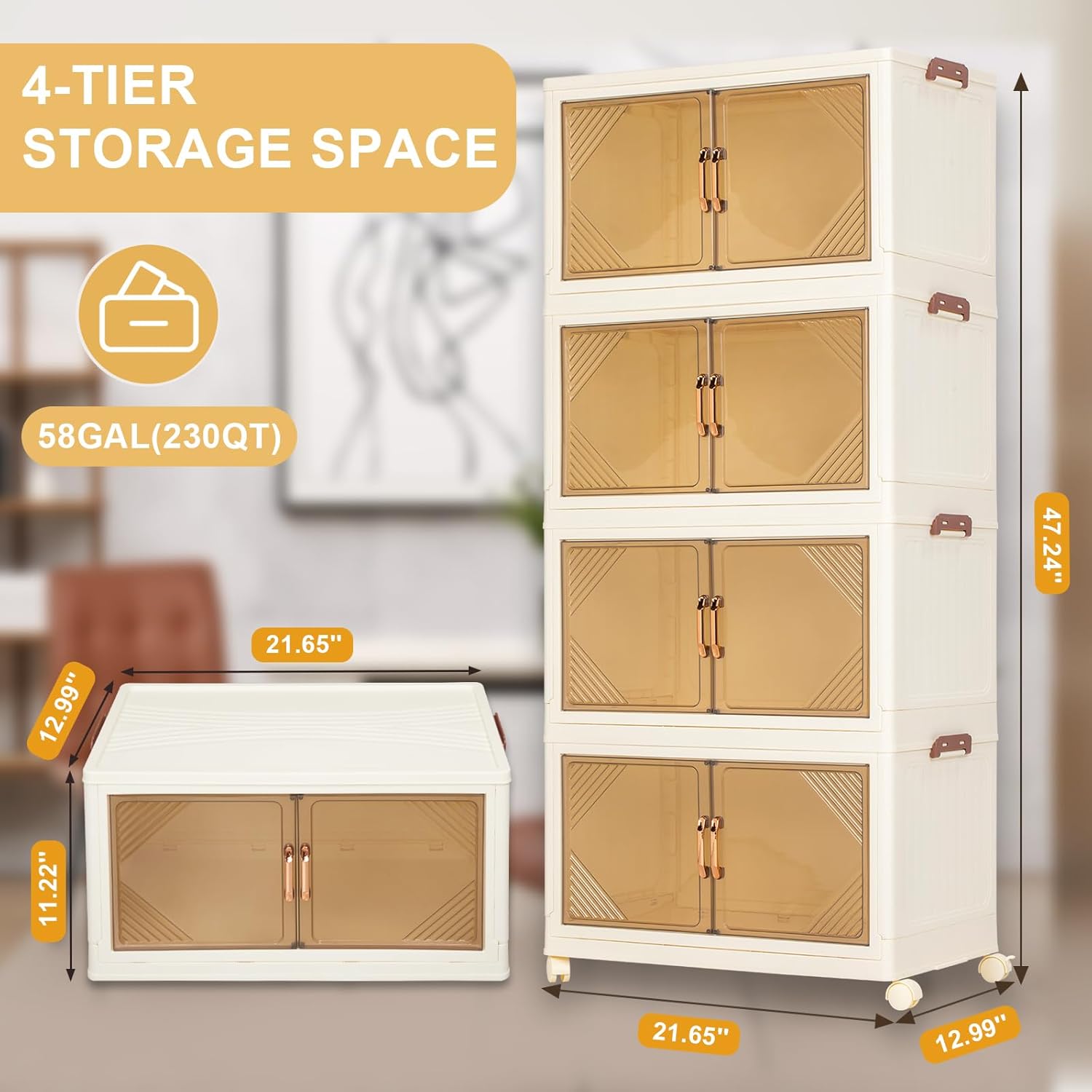 4-Tier Storage Bins with Lids, 58QT Stackable Storage Bins with Wheels, Closet Organizer and Storage, Plastic Large Collapsible Storage Containers for Home, Bedroom, Office Organization