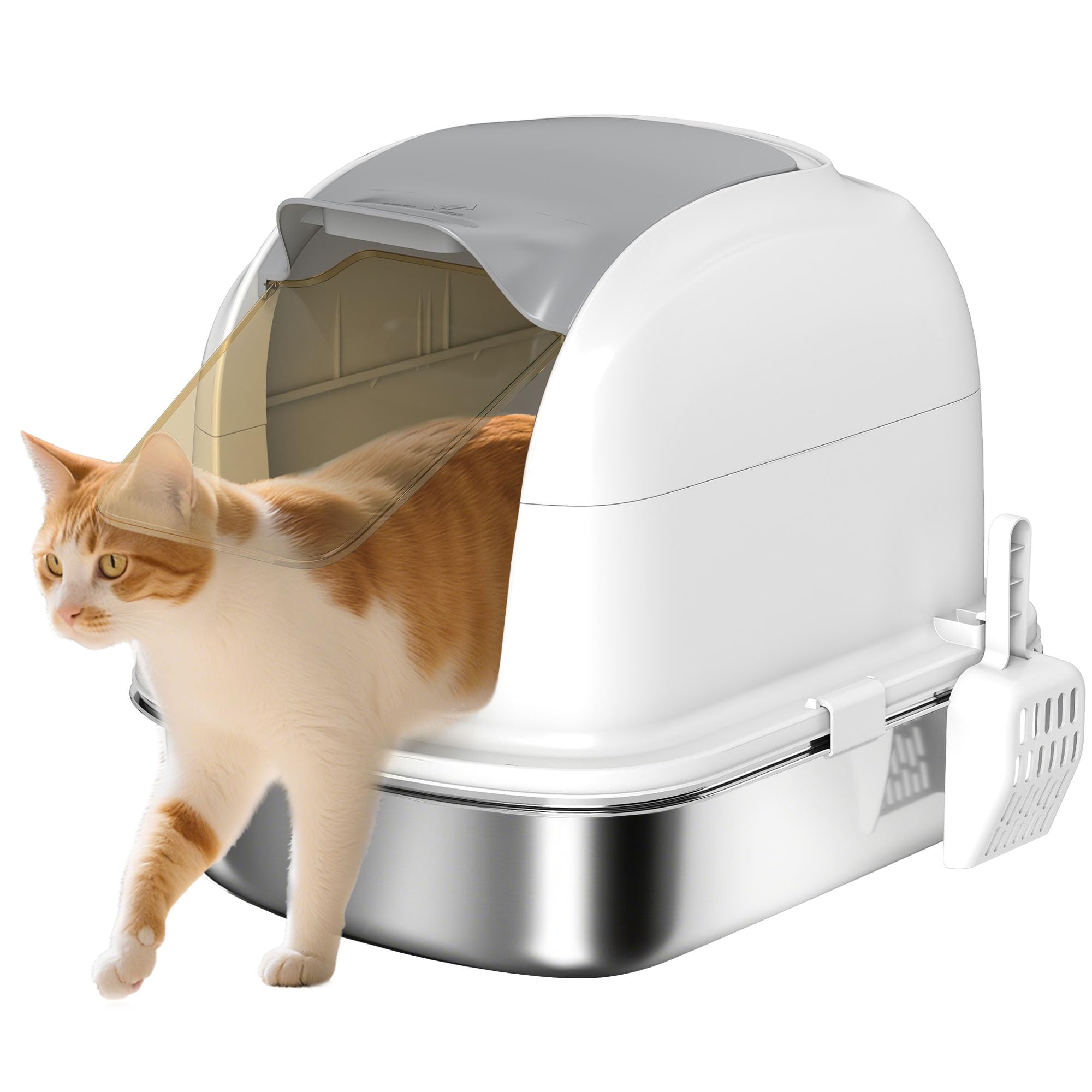 PawHut Katzenklo Edelstahl mit Deckel Kastenklo 52,4 x 41,3 x 42 cm Weiß | Katzentoilette mit Wanne, Inklusive Streuschaufel, Für Katzen unter 5 kg