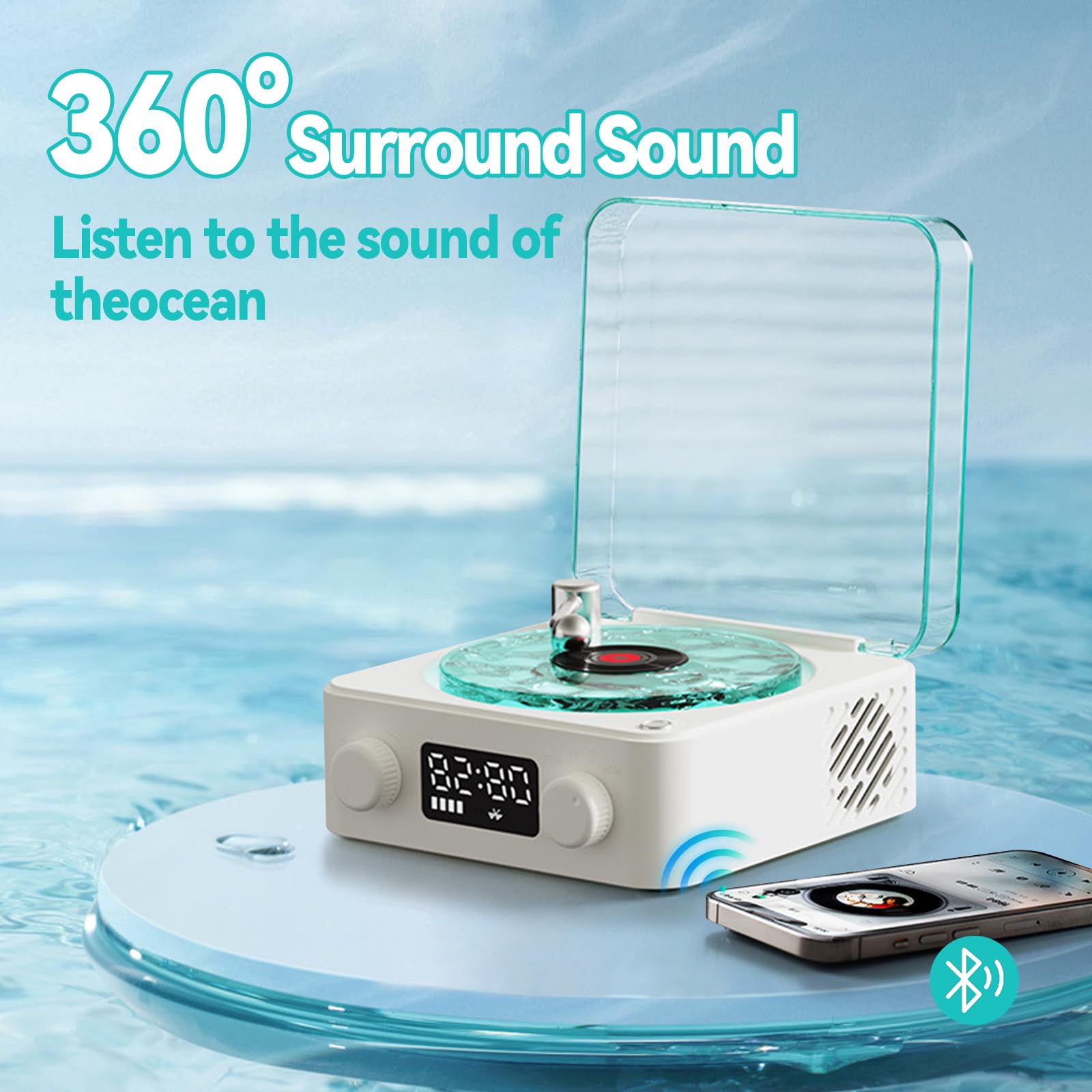 Waves - Altoparlante in vinile Bluetooth, con luce RGB e effetto onde d'acqua, 3 modalità stereo, con 4 suoni della natura, compatibile con scheda TF e modalità AUX (bianco)