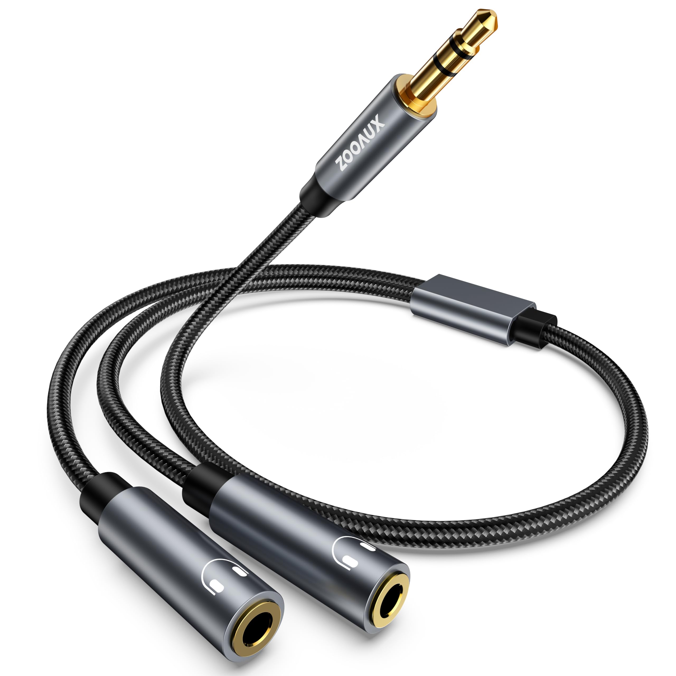 ZOOAUXHeadphone Splitter 3.5mm, Audio Stereo Y Splitter (Hi-Fi Sound), 3.5mm Male to 2 Ports 3.5mm Female Headset Splitter Extension Cable Compatible with iPhone iPad Tablet Laptop & More