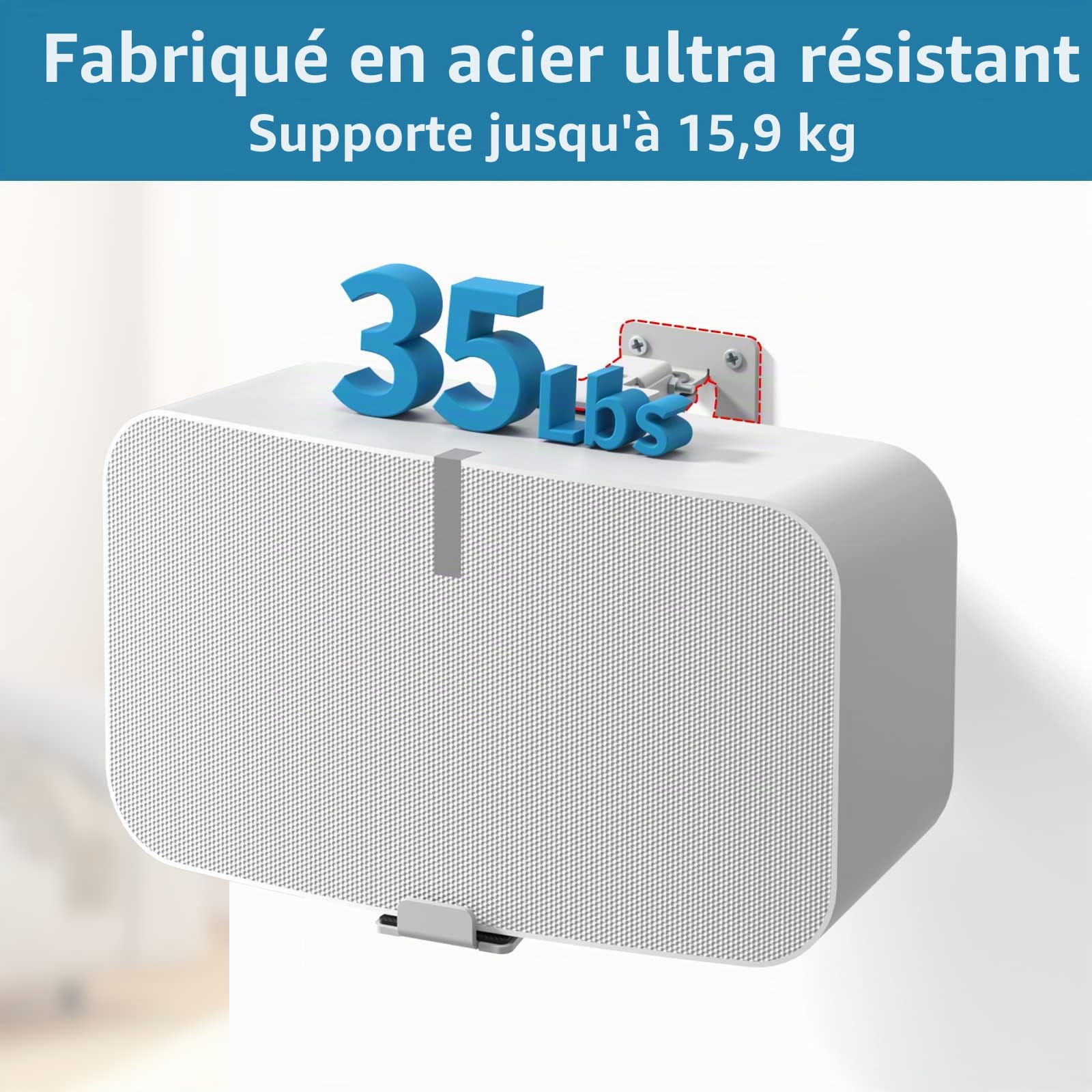 Support Mural Robuste pour Haut-Parleur Sonos Five & Play 5 Gen 2 - Inclinaison et pivotement réglables - Blanc
