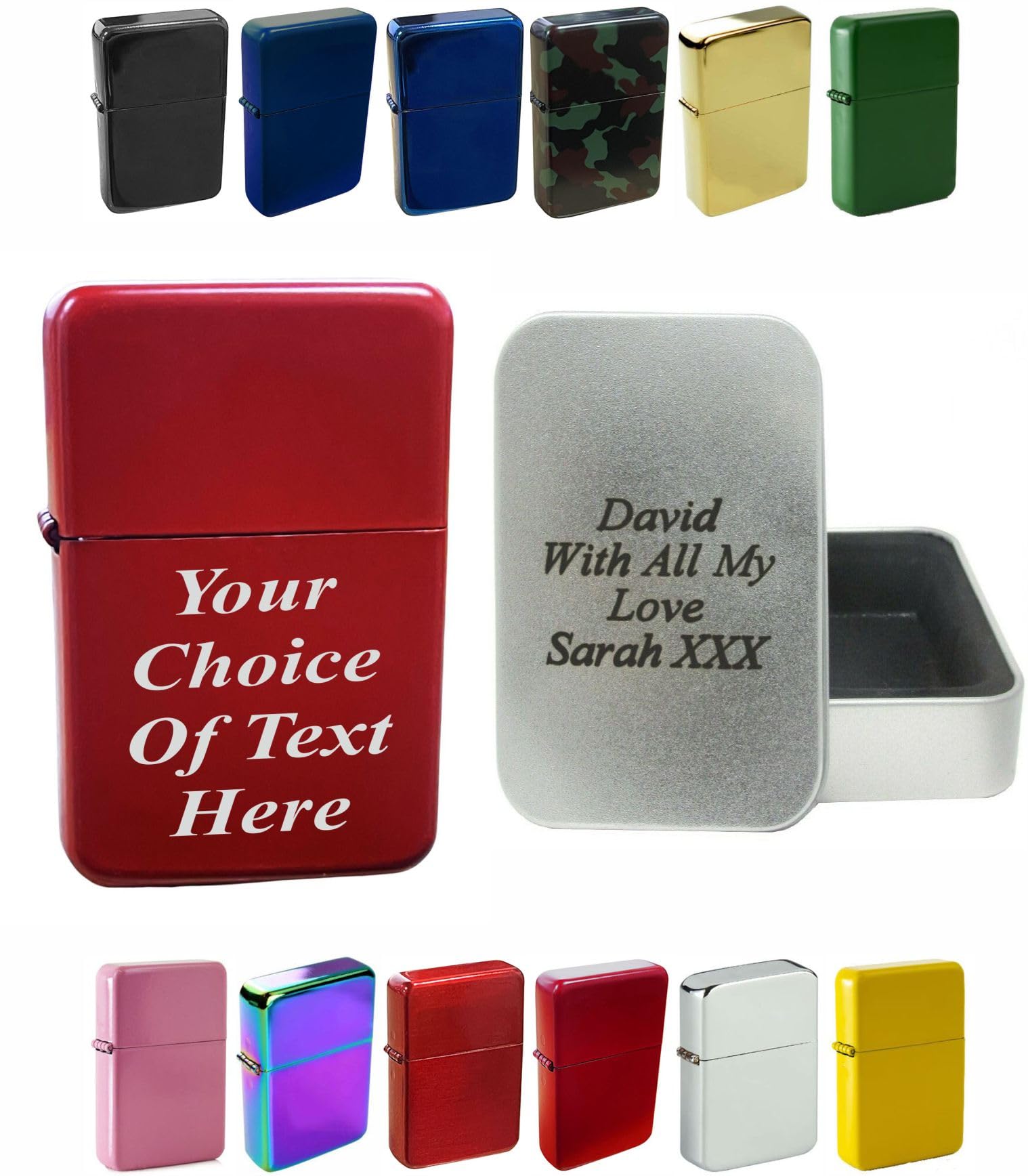 Personalised Engraved Lighter for Birthday, Fathers Day, Anniversary, Choice of Colours - With Customised Tin (Red (Matte))