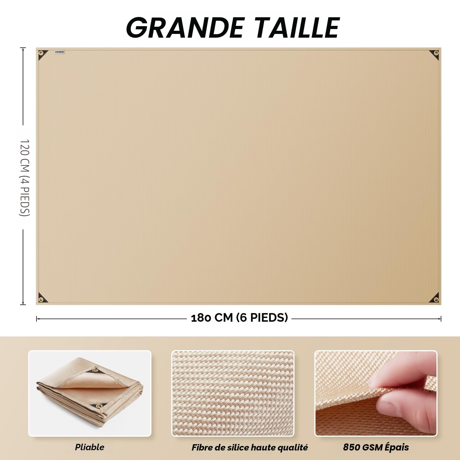 Couverture de soudure robuste en fibre de verre résistante à la chaleur avec œillets en laiton, tapis de soudure multifonction pour barbecue, fumoir, camping, utilisation industrielle (1,2 x 1,8 m)