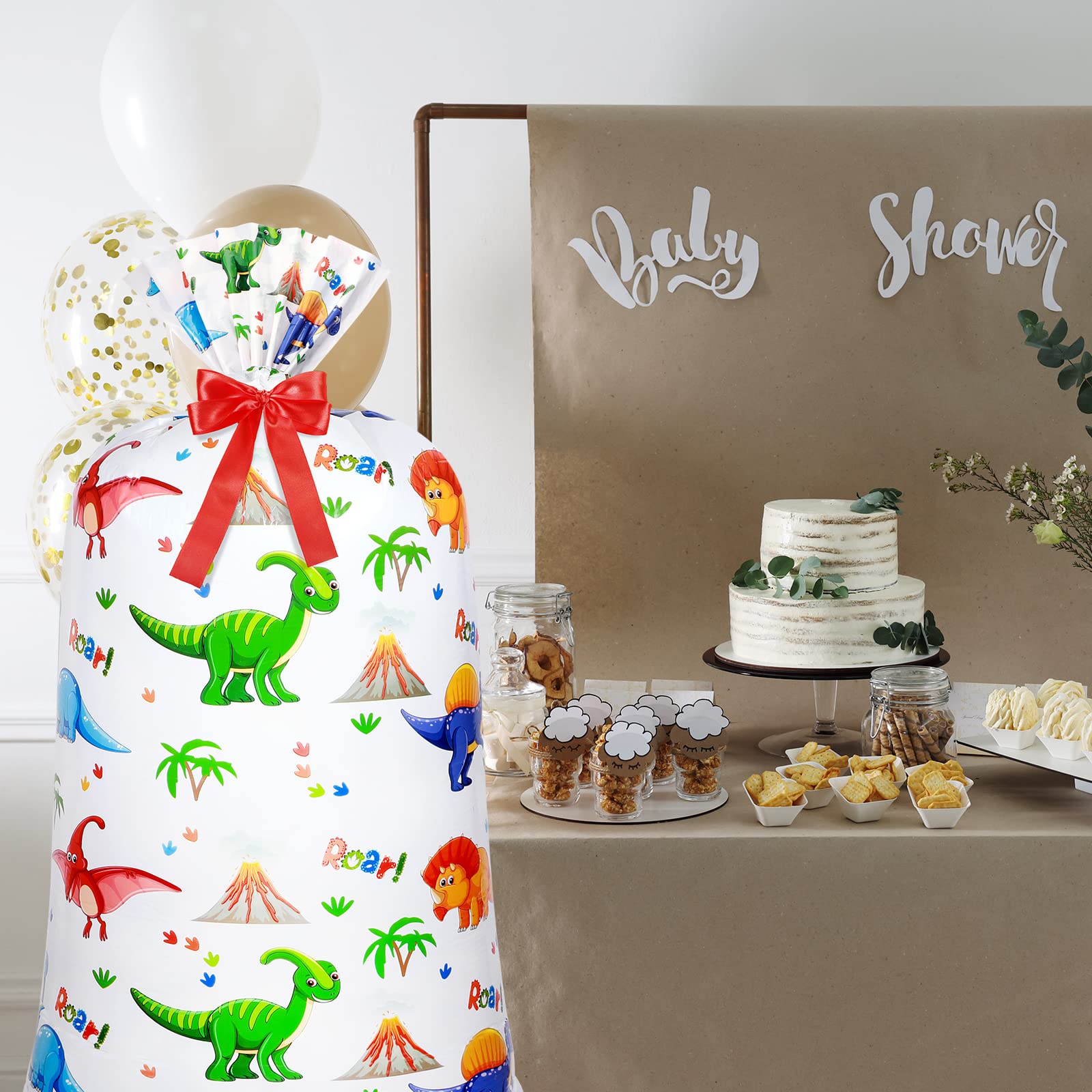 Teling 2 Pcs Large Dinosaur Plastic Gift Bags 70"x 40" Oversized Plastic Storage Bags with 2 Rolls Ribbons for Birthday Party, New Parents Shower, Bicycle Bike, Holiday