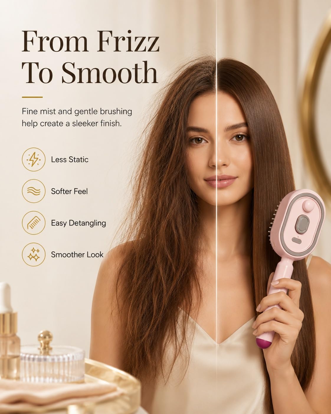 3-in-1 Electric Air Cushion Massage Comb with Mist Spray, Steaming and Essential Oil Applicator Hair Care Brush, Rechargeable Scalp Glow Detangler - Self-Cleaning, Anti-Tangle, Anti-Static