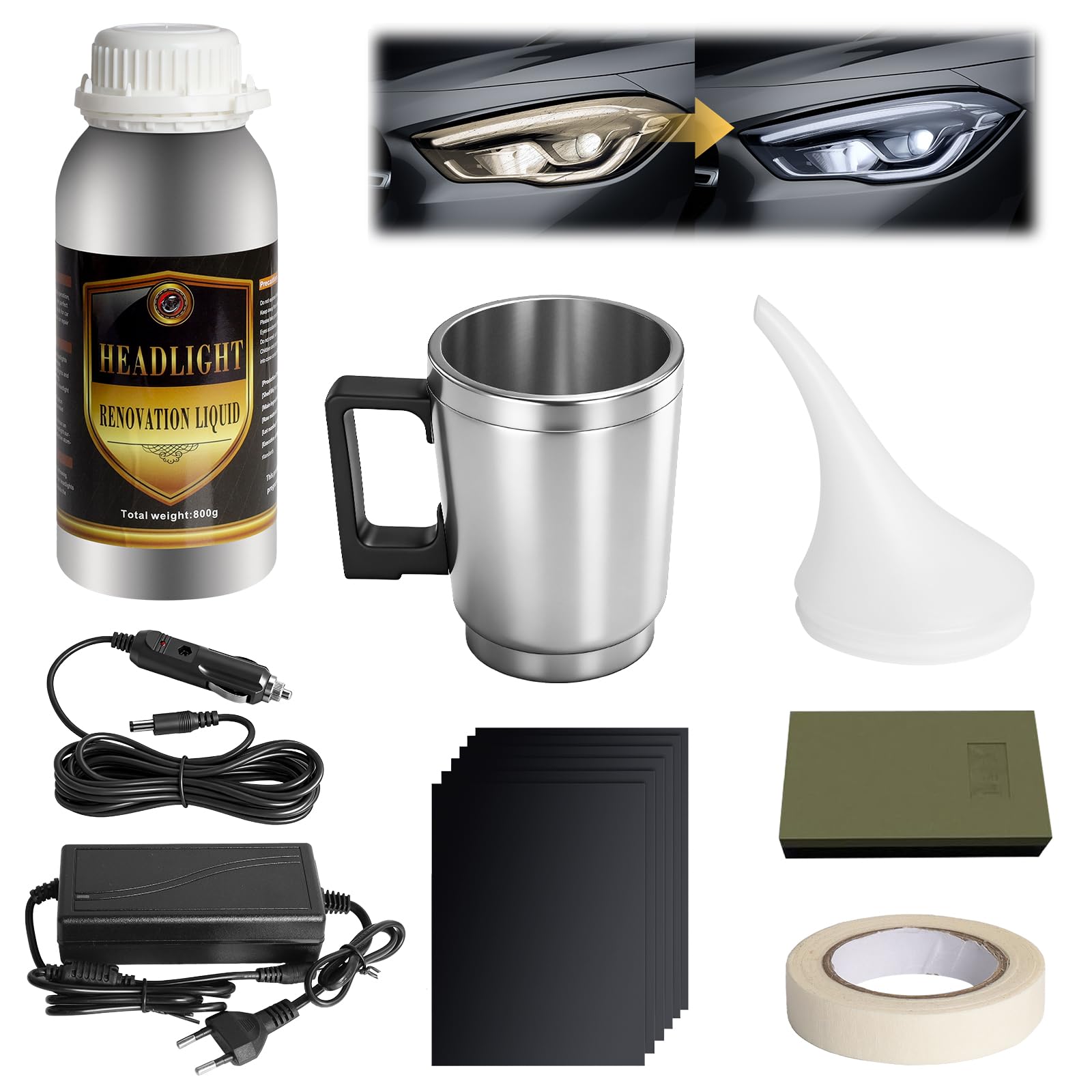 Scheinwerfer Aufbereitung Set, 800g Reparaturflüssigkeit Scheinwerfer Polierset, Scheinwerfer Bedampfen Set für Vergilbung Kratzer Vage