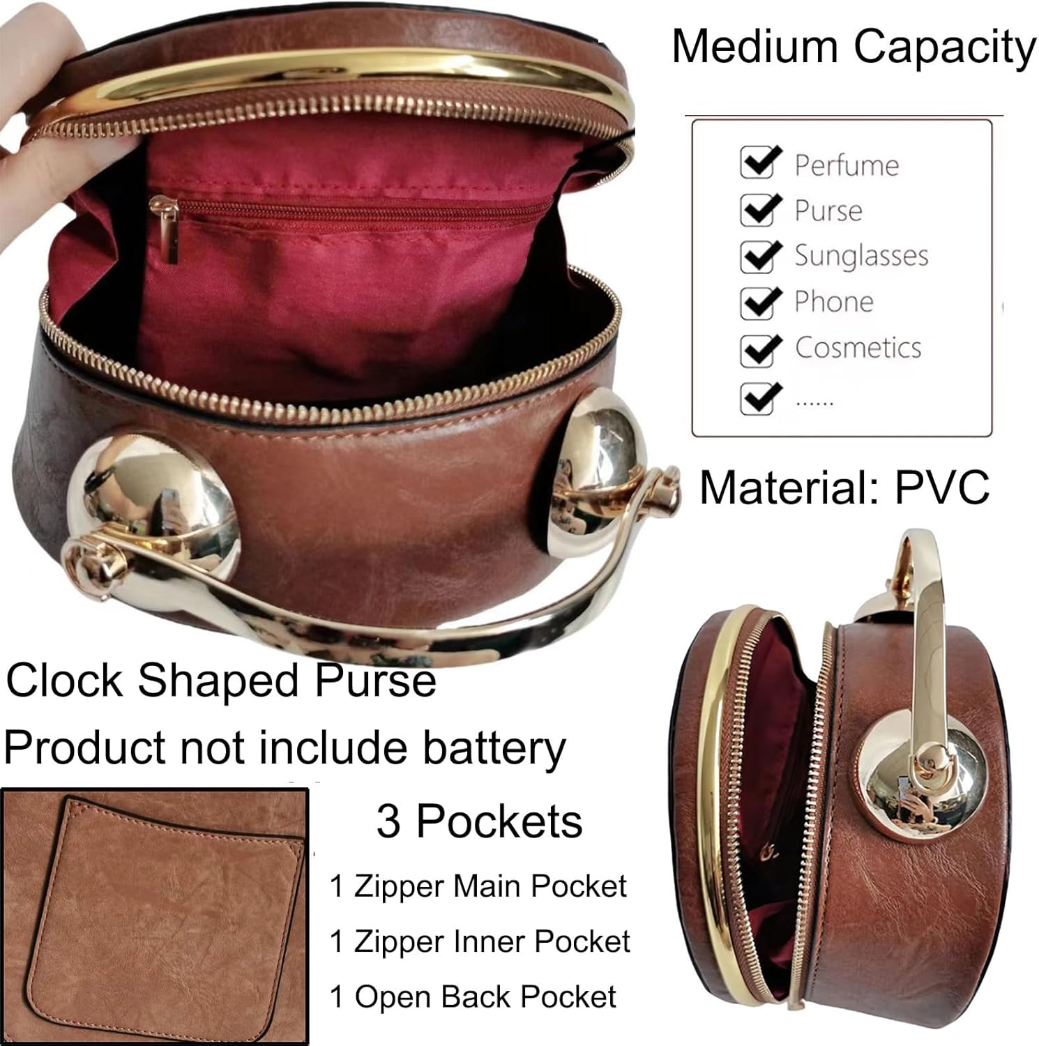 Women PVC Clock Shaped Handbag Crossbody Shoulder Bag Clock Purse - Image 5