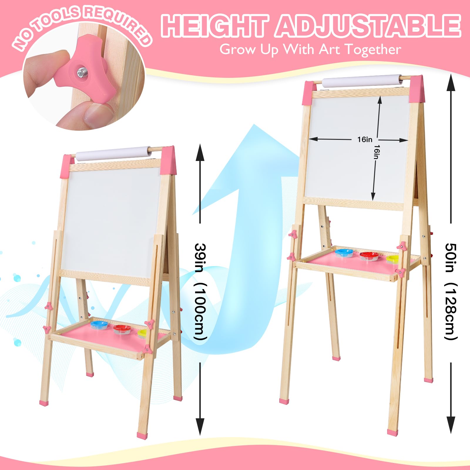 Pizarra Infantil 3 en 1 Doble Cara con Caballete de Madera Altura Ajustable, Pizarra Blanca y Negra con Rollo de Papel Dibujo y Accesorios Multicolor para Niños (rosa)