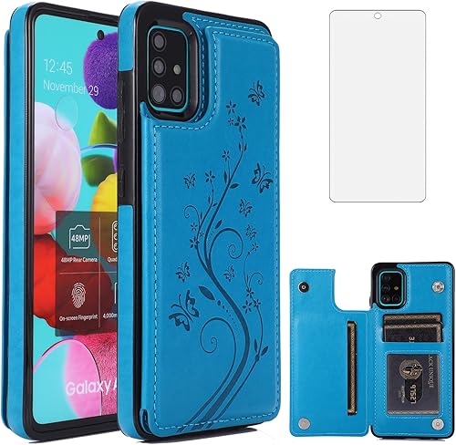 Funda de teléfono para Samsung Galaxy A51 4G con protector de pantalla de vidrio templado, tarjetero con soporte para tarjetero, soporte para celda