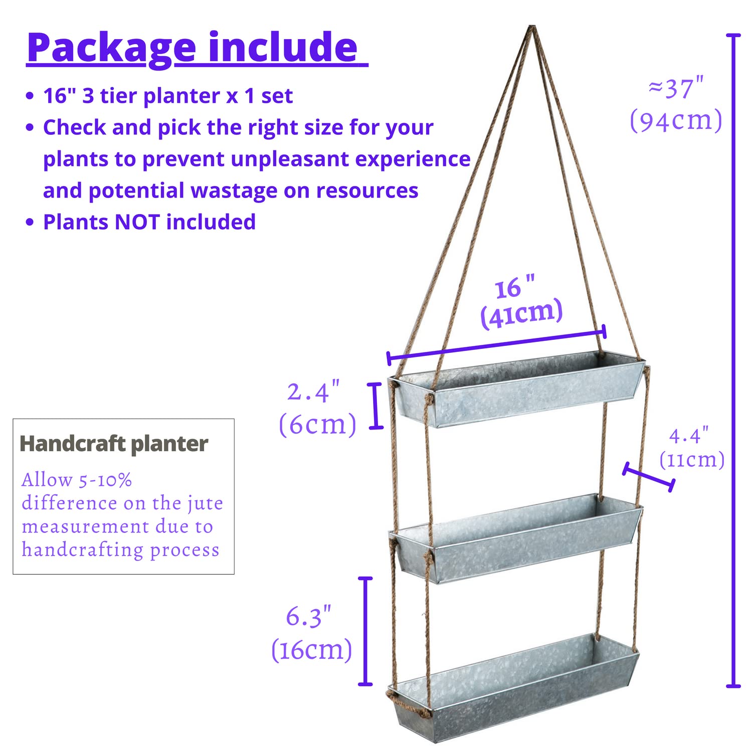 LaLaGreen Wall Planters - 16 Inch Wall Planters for Indoor Plants, 3 Tier Galvanized Succulent Wall Mounted Planters, Metal Boho Window Herb Garden, Rectangle Hanging Vertical Shelf Shower Plant Pot