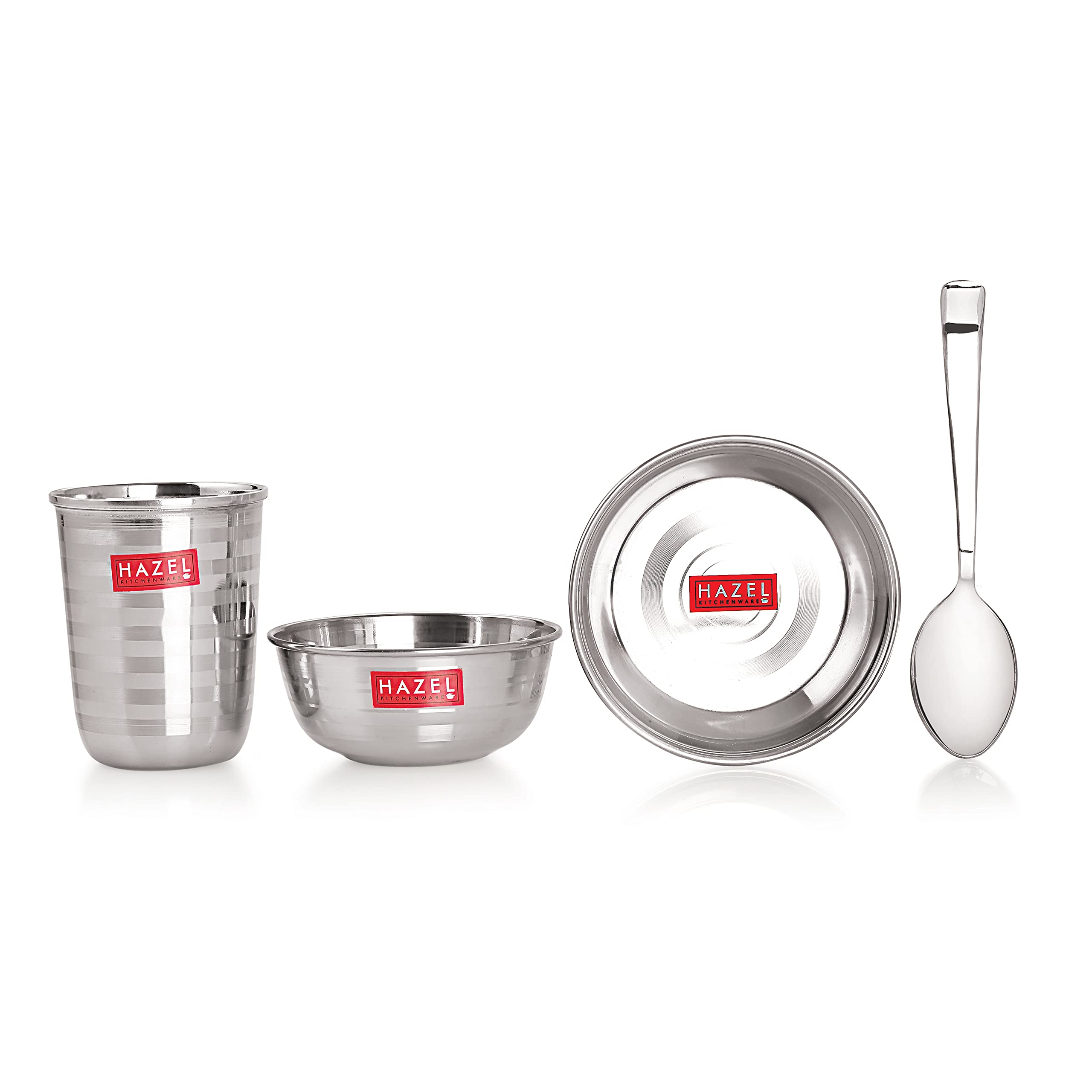 HAZEL Stainless Steel Dinner Set of 12 | Dinner Set Steel (2 Plate, 4 Curved Wooden Bowl , 2 Spoon, 2 Dessert Plate, 2 Glass) 12 Pieces, Silver - Image 6 thumbnail