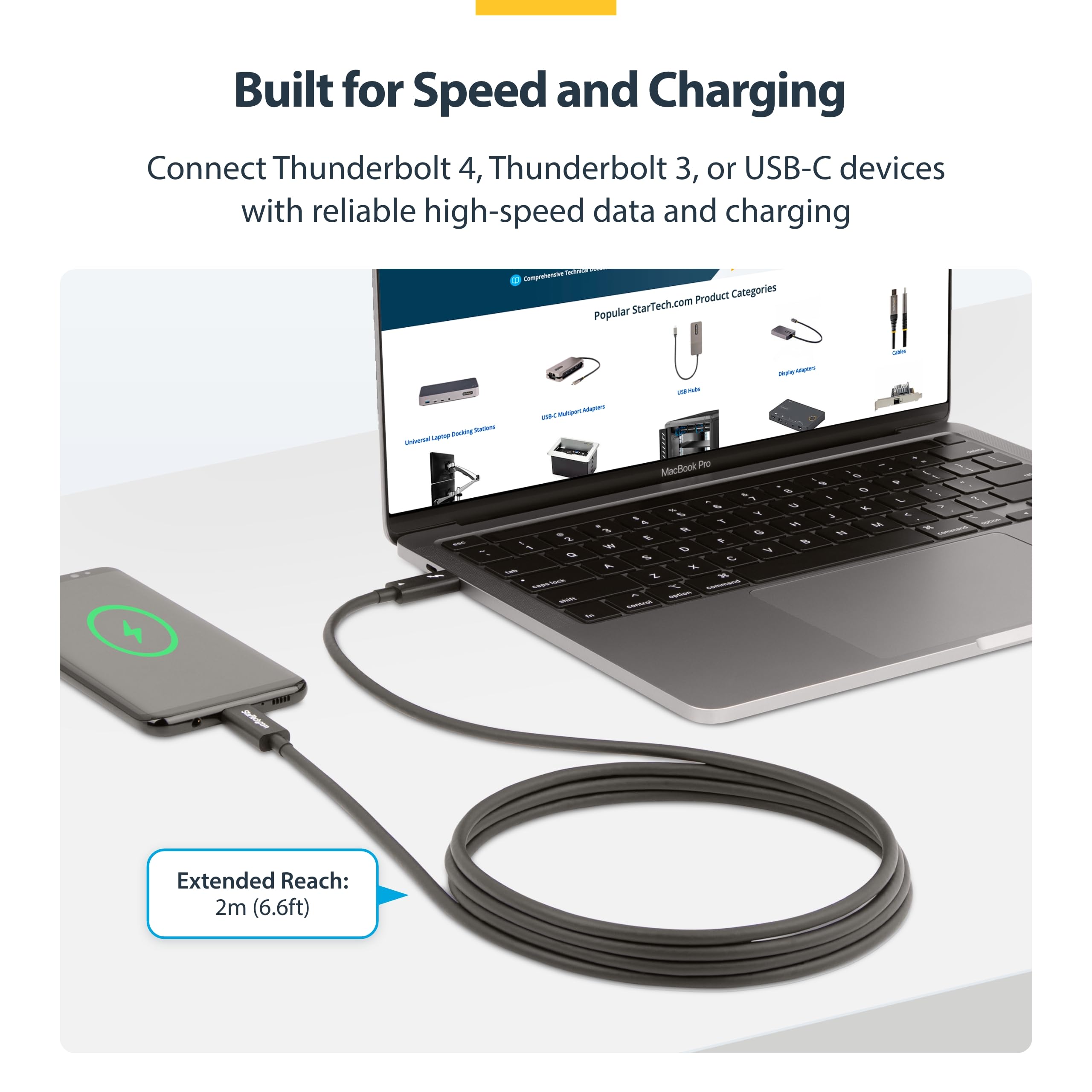 StarTech Cavo Thunderbolt 4 Attivo USB-C da 2m, 40Gbps, 100W, Video 4K/8K | Ideale per Docking Station, Monitor 8K e Trasferimento ad Alta Velocita