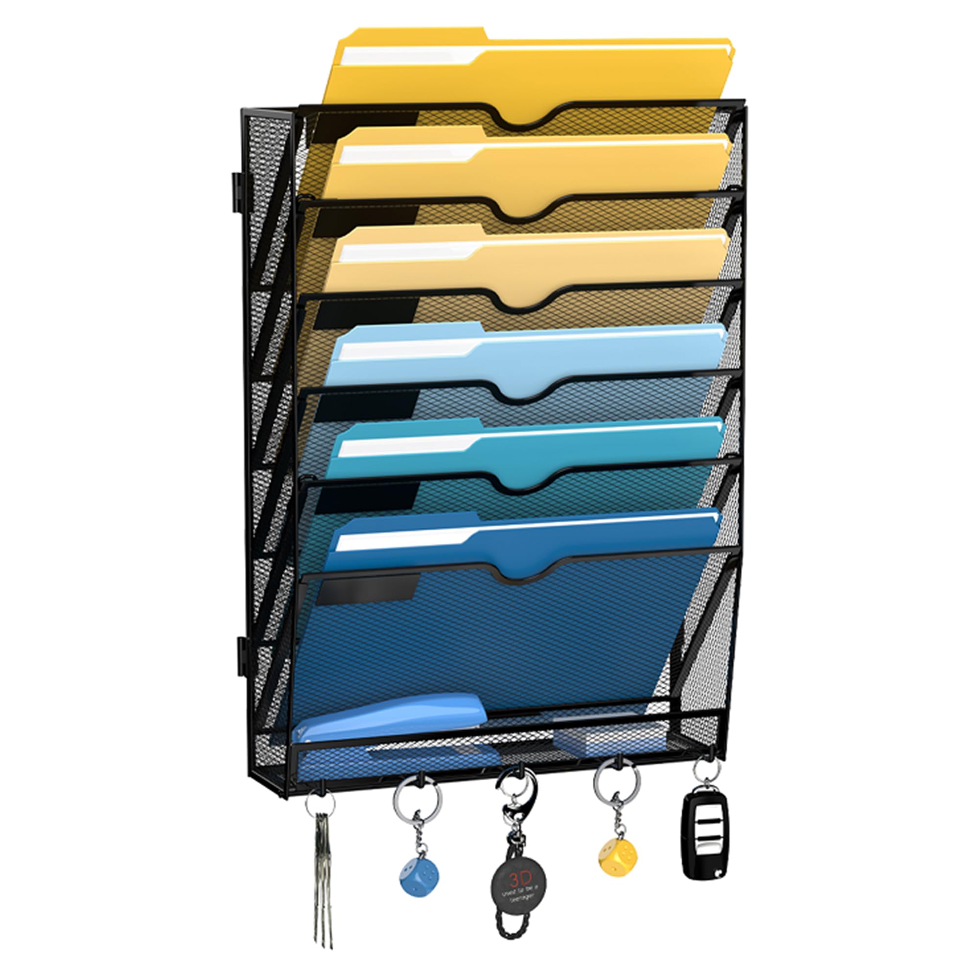 SUPEASY 7-Tier Wall File Holder Organizer with Hooks, Mesh Hanging File Organizer, Mail Organizer Wall Mounted for Papers, Folders, Office Magazine Rack, Assembly Needed, Black