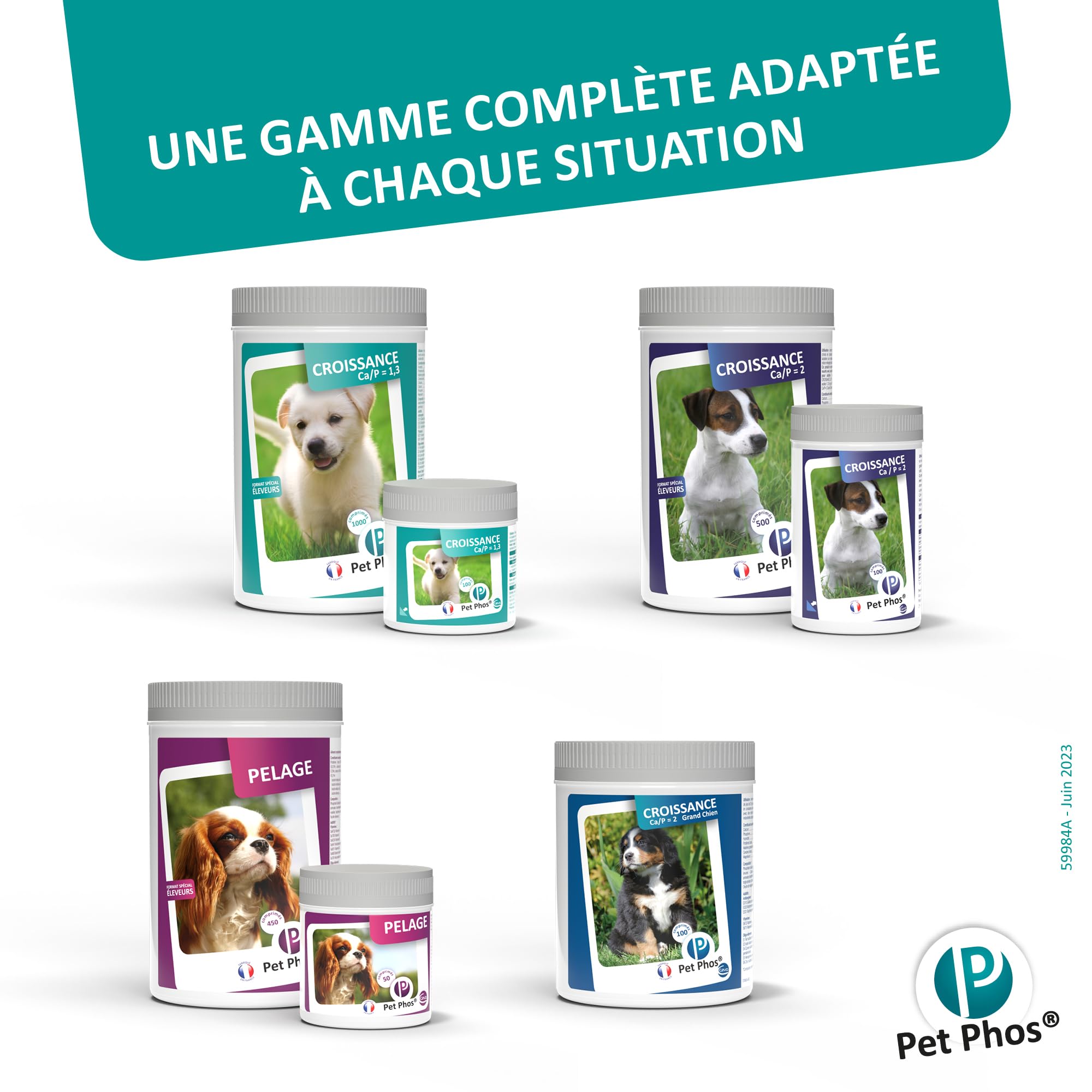 PET PHOS Croissance CA/P = 1,3 - pour Chiots en Croissance et Femelles gestantes ou allaitantes nourris avec Une Ration Industrielle. 100 comprimés