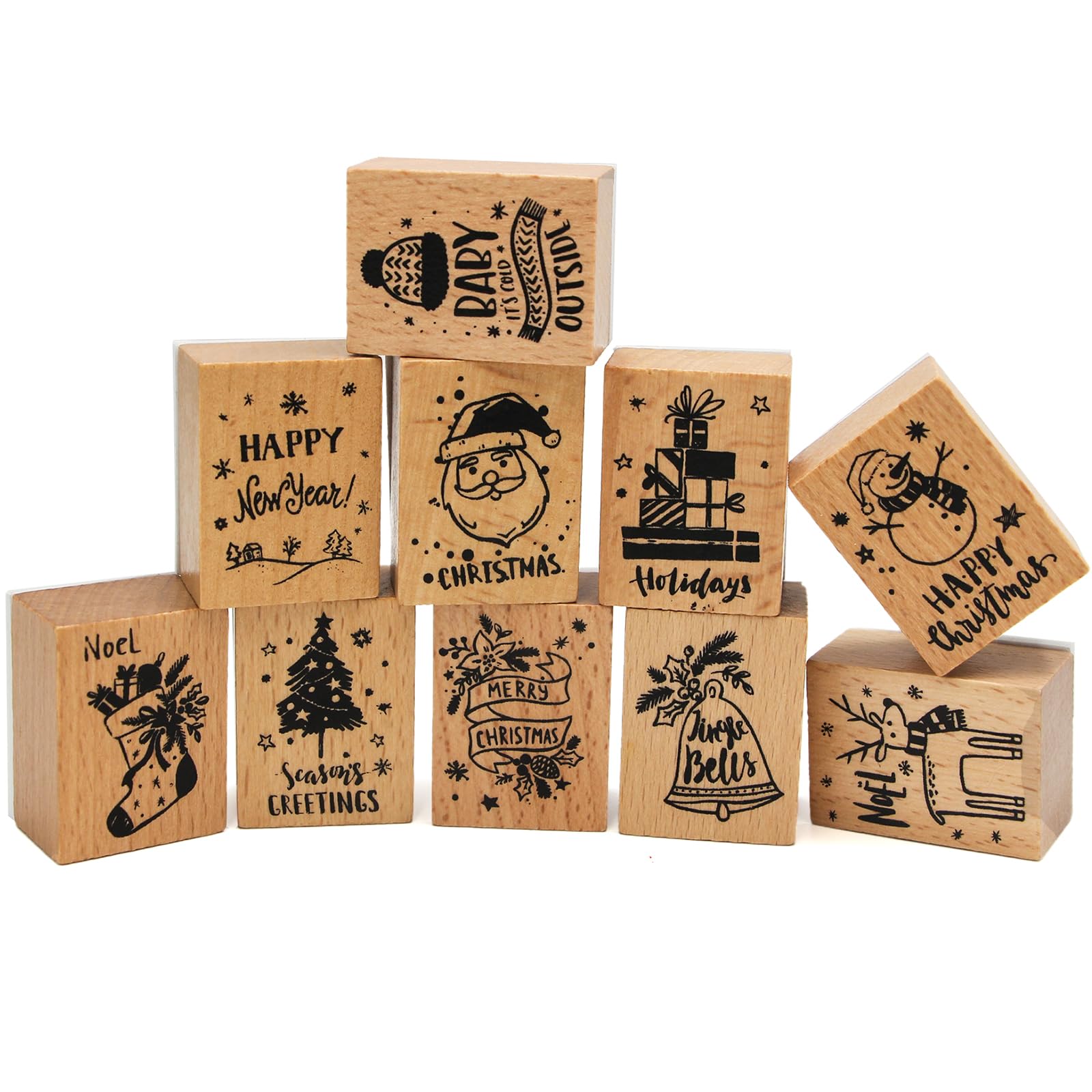 Bavane 10PCS Wooden Christmas Stamps Set, Art Stamps Scripted Christmas Stamp, Wooden Rubber Stamps for for Scrapbook, DIY Card Making, Bullet Journals and Arts & Craft Decoration Supplies