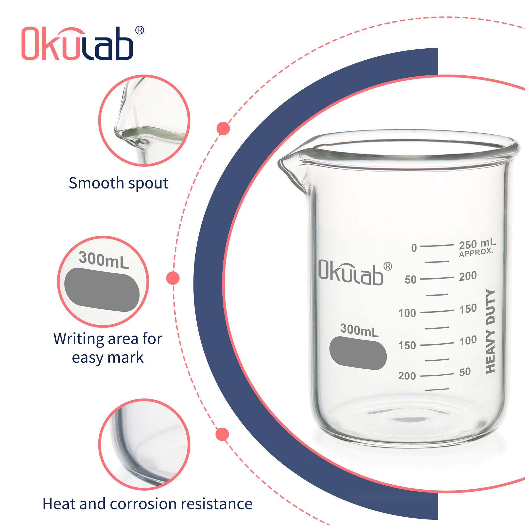 BKLG300A6-X - Juego de 6 vasos de vidrio de 300 ml, vasos de vidrio graduado para laboratorio, aula, manualidades, cocina, BKLG300A6-X