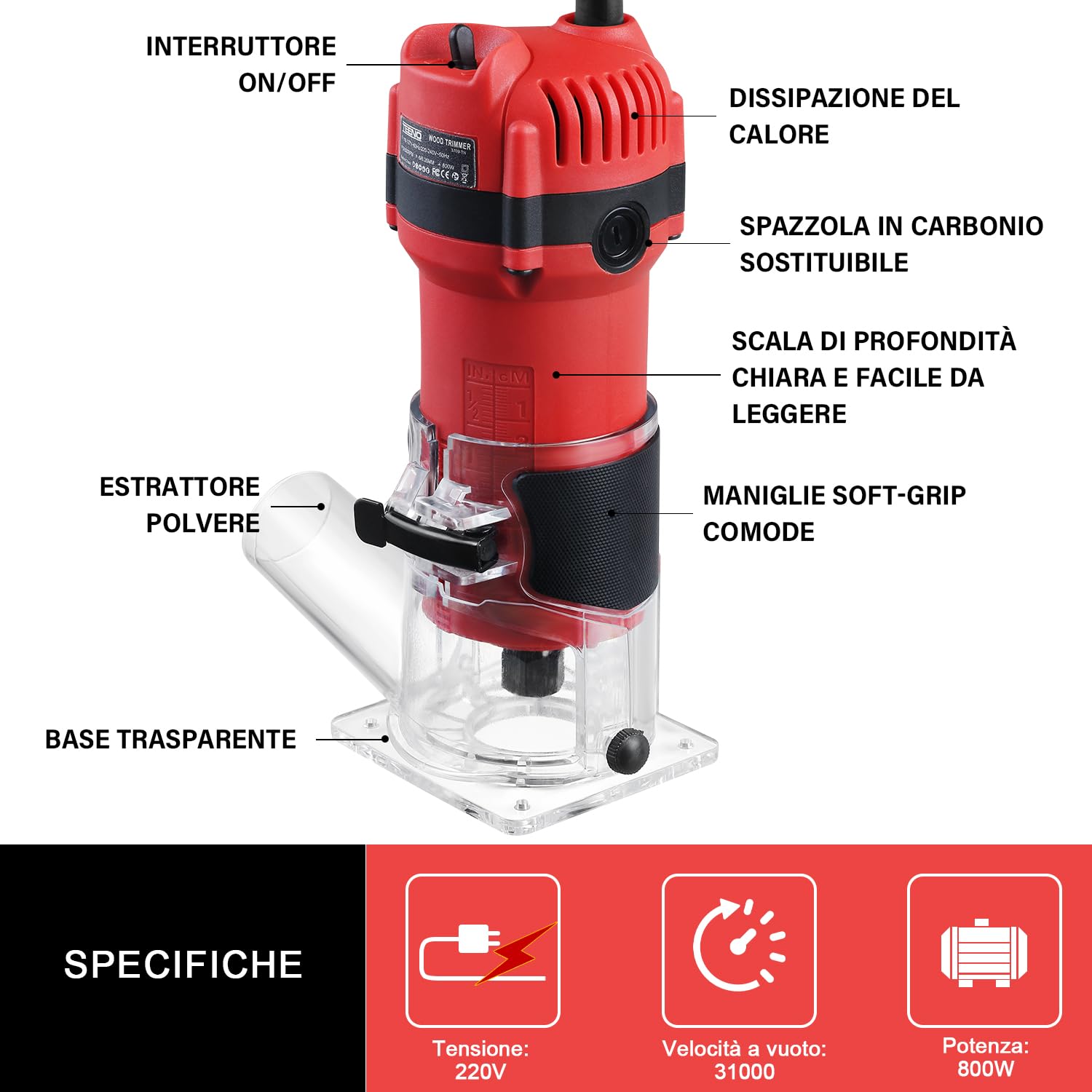 TEENO Rifilatore Fresatrice Verticale 800W 31000 RPM Con Copertura Antipolvere, Legno Rifilatrice Elettrica Con 15 pezzi 1/4" Fresatura Cuter e Mandrino 6/6.35 mm, Per lavorazione del legno