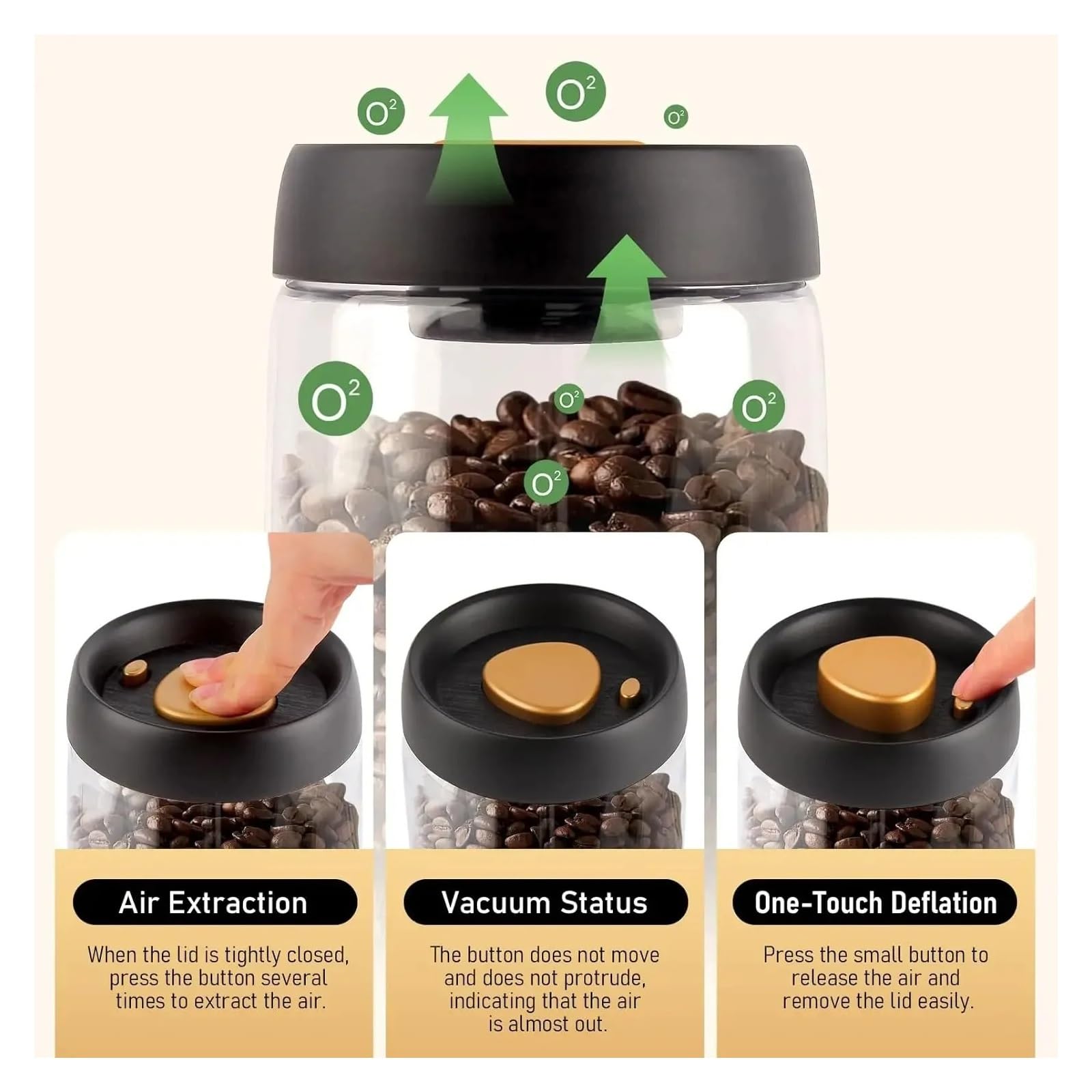 Vakuum-Glasvorratsglas, transparenter luftdichter Behälter | Für Kaffeebohnen und Getreide, manuelles Vakuumpumpen, feuchtigkeitshemmend, 500 900 1200 1800ml(1200ml Golden)