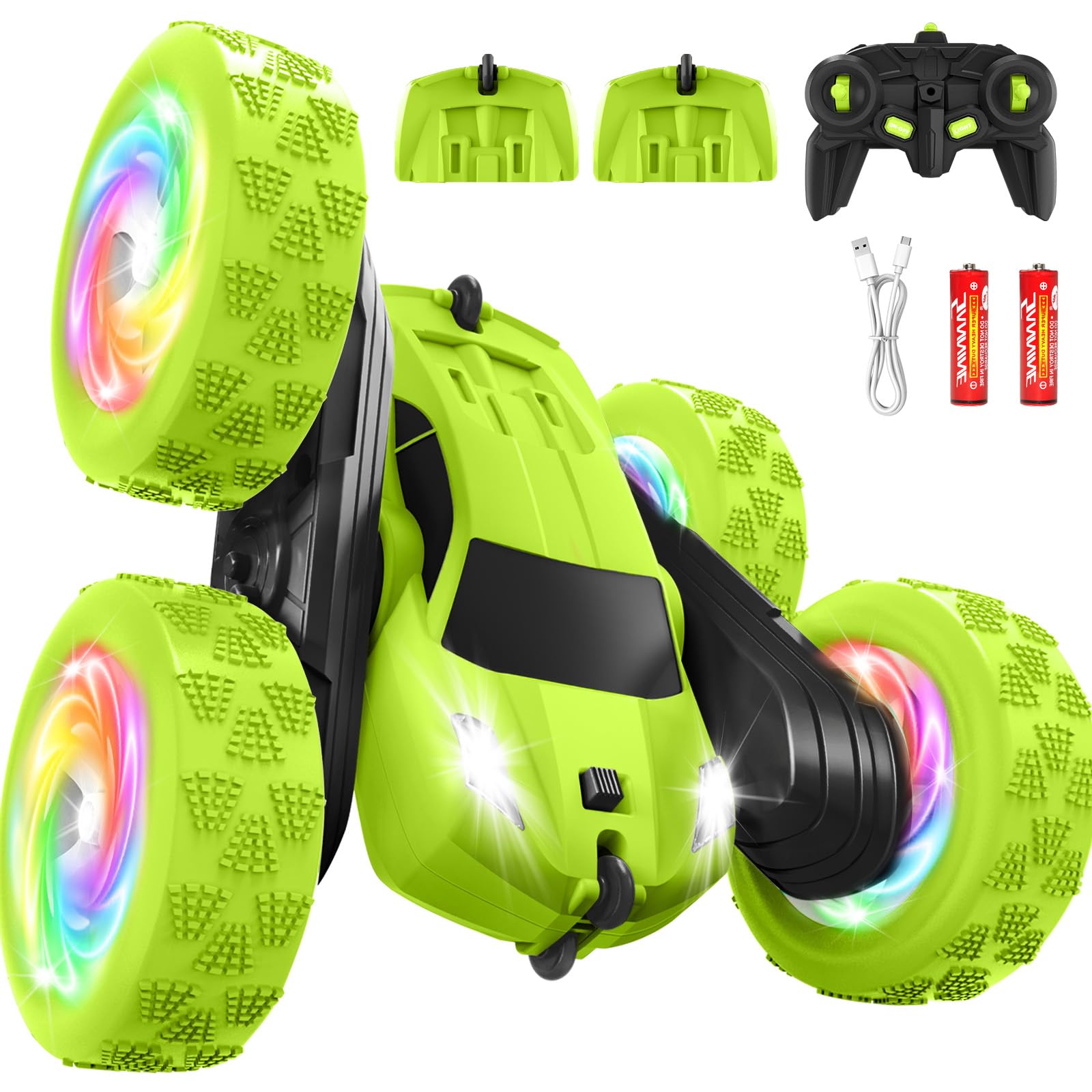 Remote Control Cars for Kids, RC Stunt Car Toy 2.4GHz Double Sided 360° Rotating, Upgraded USB-C Modular Batteries with LED Lights, 5 6 7 8 9 10+ Year Old Boys Girls Birthday Gift Green
