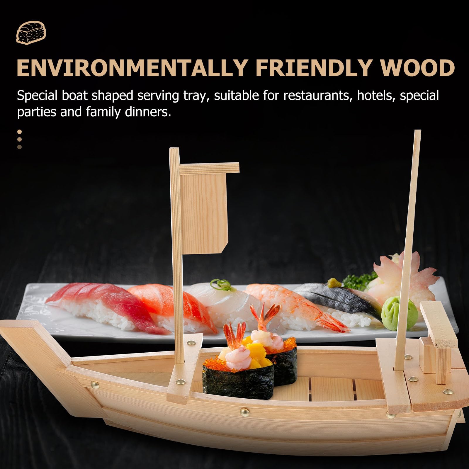 Bandeja para Presentar Sushi y Sashimi Diseño de Barco de Madera Natural para Utensilios de Cocina y Eventos