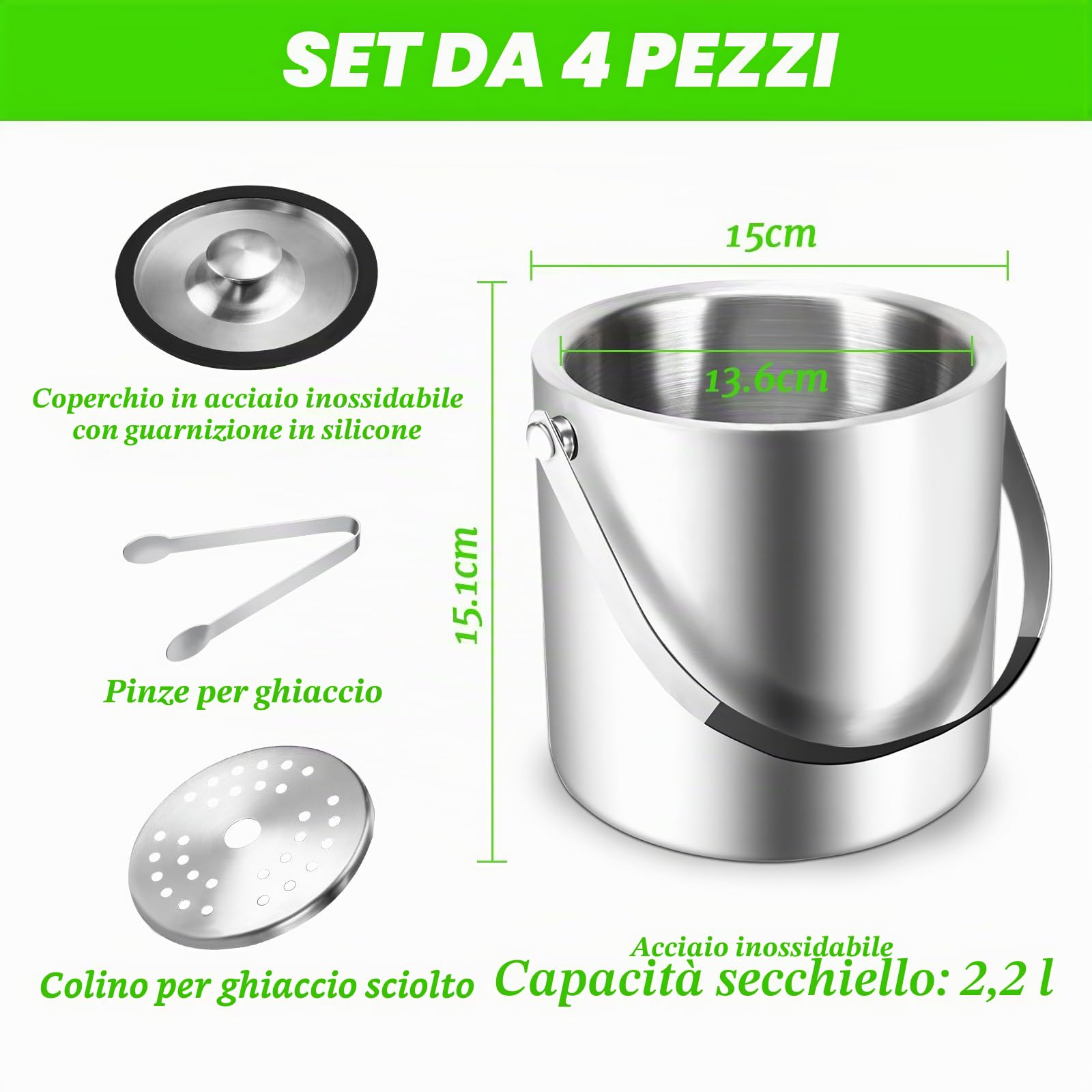 Sprifityy 2,2L Secchiello per Ghiaccio a Doppia Parete in Acciaio Inox,con Coperchio in Silicone, pinze e Filtro,Secchiello Ghiaccio Acciaio Inox,Ideale per Famiglie e Bar