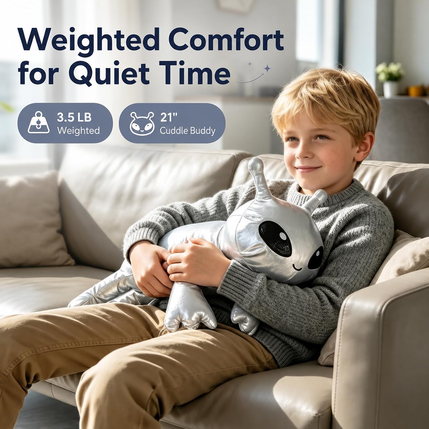 3.5Lbs Weighted Alien Stuffed Animal, 21" Microwavable Silver Alien Plush with Removable Heating Pad, Heatable Coolable Galaxy Buddy Space Gift for Kids Adult image 3