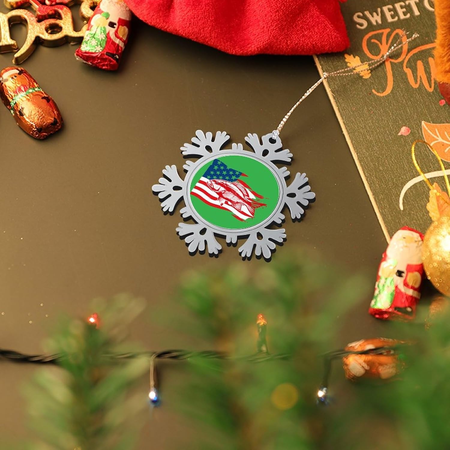 American Fish Flag Personalized Christmas Snowflake Ornaments Custom Xmas Tree Hanging Decoration for Party Holiday