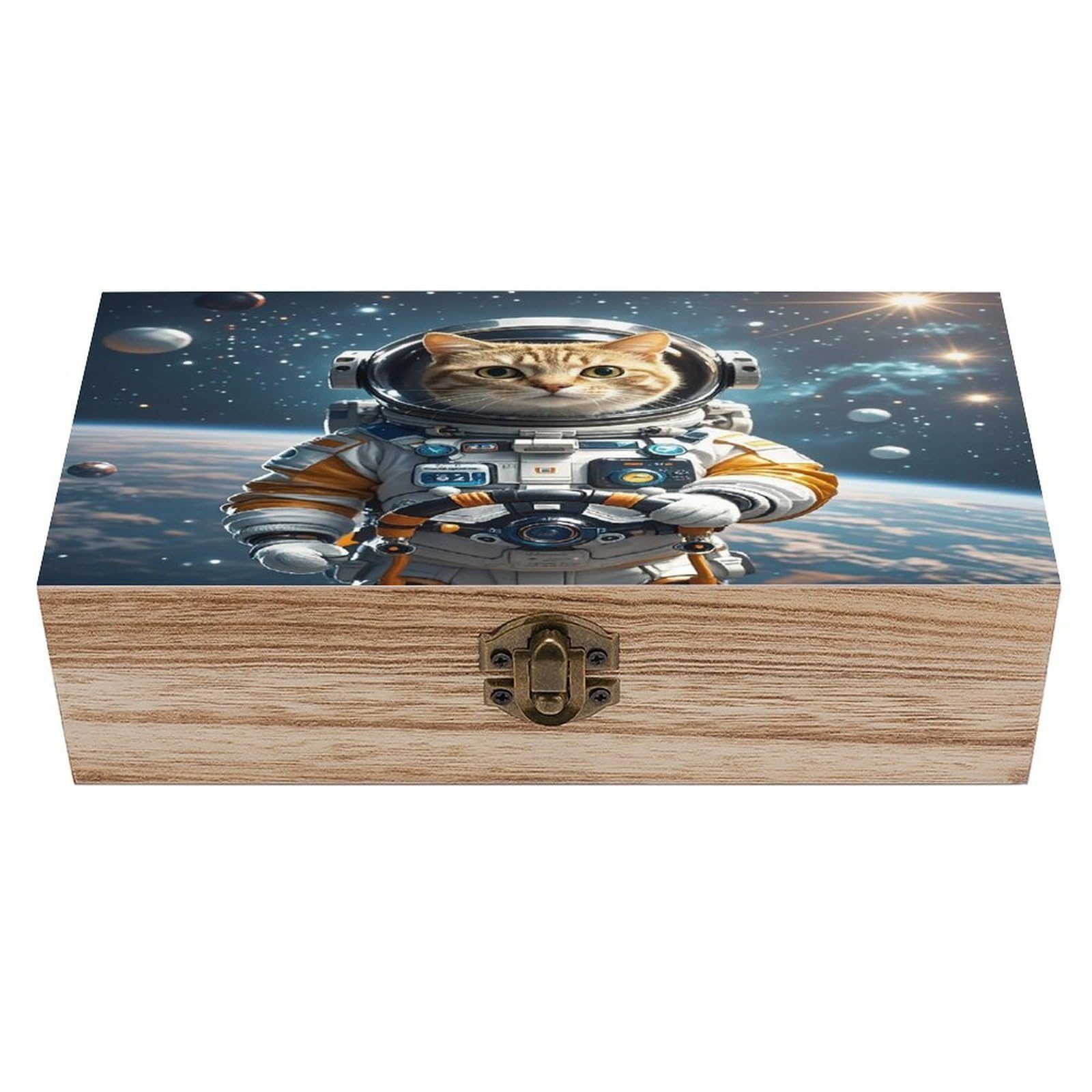 LZQPOEAS Astronaut Cat in Space Wooden Box Storage Space to Organize Jewelry in A Beautiful Small Storage Box Decorative Card Boxes Memory Treasure Boxes for Crafts And Photo Storage