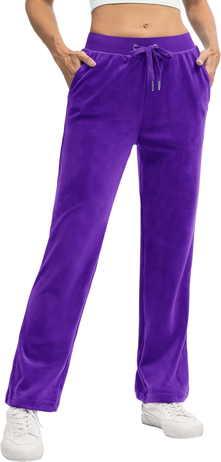 TACVASEN Women's Velour Pants Soft Velvet Sweatpants Warm Straight Leg Lounge Pants with Pockets Athletic Casual