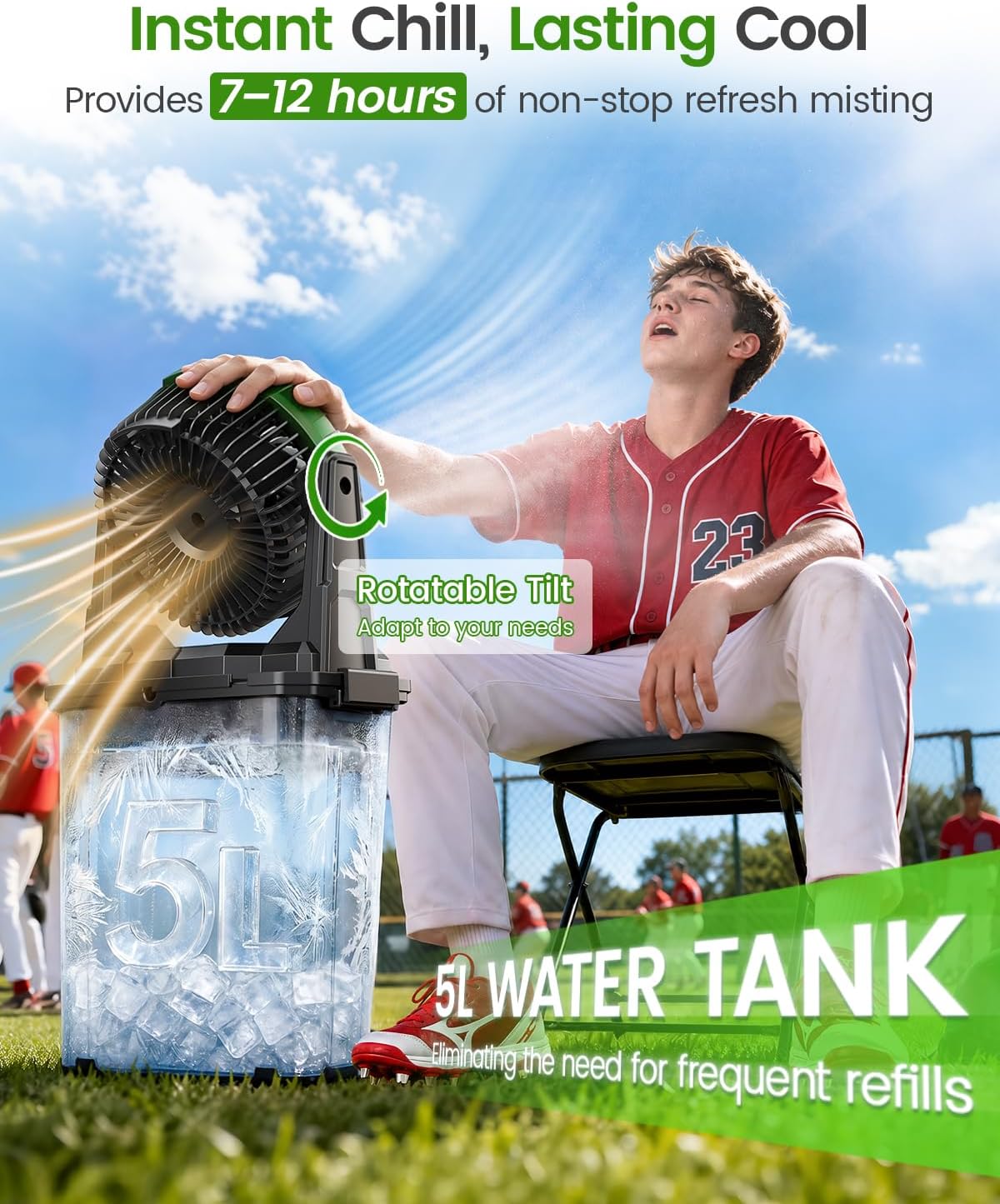 Ausic Portable Misting Fan, Rechargeable Camping Fan with Water Mist, 3 Strong Winds, 5L (1.3Gal) Bucket Outdoor Mister Fans for Cooling Outside, Travel, Fishing, Beach, Jobsite, Summer Essential