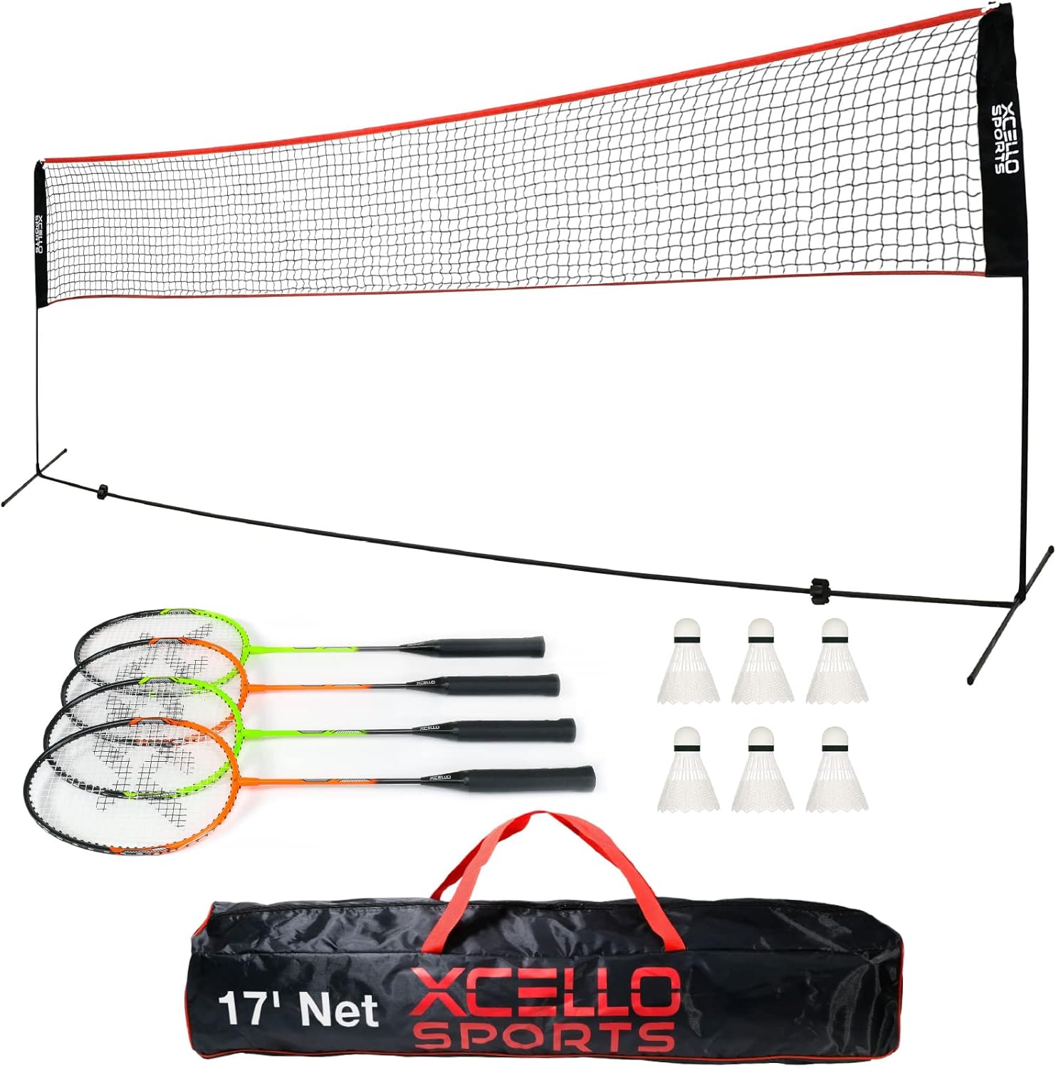 Complete Badminton Racket Set - Includes 17-Foot Foldable Net, 4 Rackets, 6 Shuttlecocks, and Carry Bag