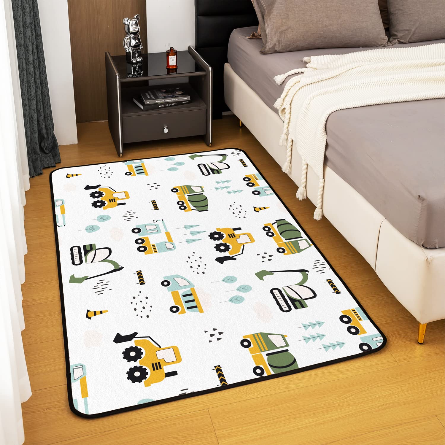 Homemissing Equipement Trucks Decorative Tapis de Salon, Chambre Salon Dessin animé Voiture carré Tapis d'extérieur, Tapis décoratif Architectural Jaune Bleu Vert, 100x150cm