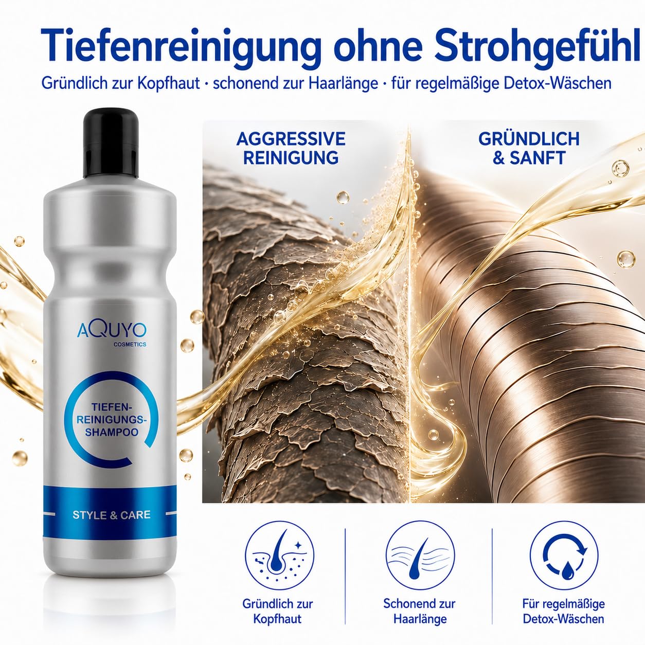 Style & Care Tiefenreinigung Shampoo zur Haarpflege, entfernt Klebereste und Rückstände aus dem Haar (3x 1000ml) | Reinigungsshampoo und Pflegeshampoo ein Einem | ohne Silikone, Salze oder Parabene