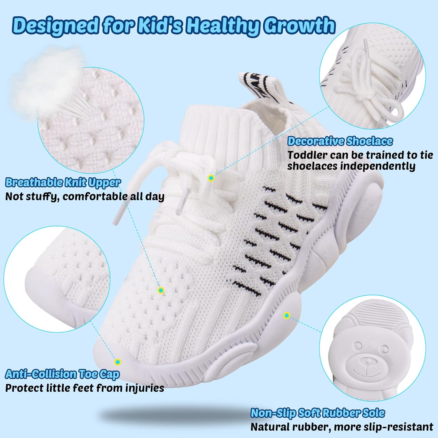 Toddler Baby Girls Boys Tennis White Walking Barefoot Slip on Shoes 18-24 Months Size 5 Wide Toe Box Summer Soft Sole Flexible Dinosaur Cheer Shoes Breathable Outdoor Soccer Rubber Sneakers - Image 5